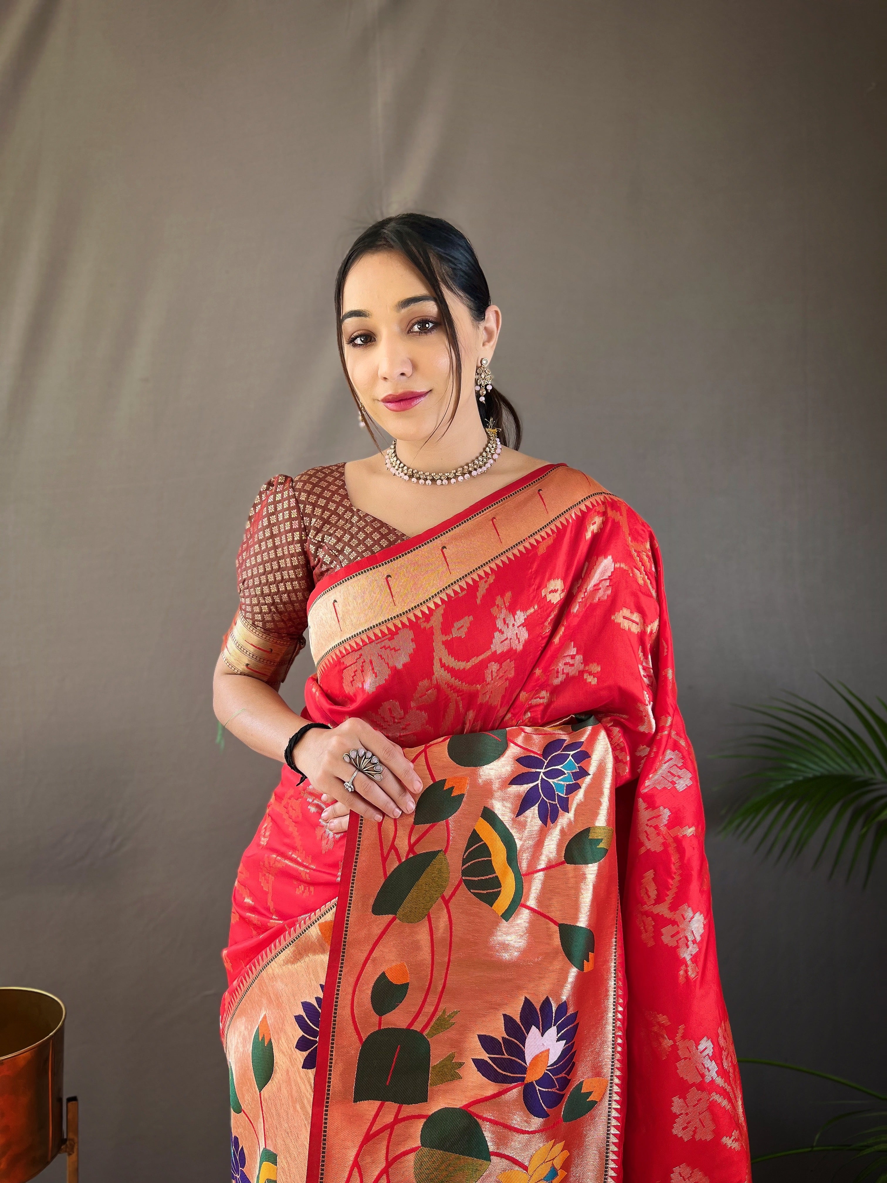 Bridal Red Pure Soft Silk Woven Paithani Saree With Colorful Floral Jaal & Zari Border