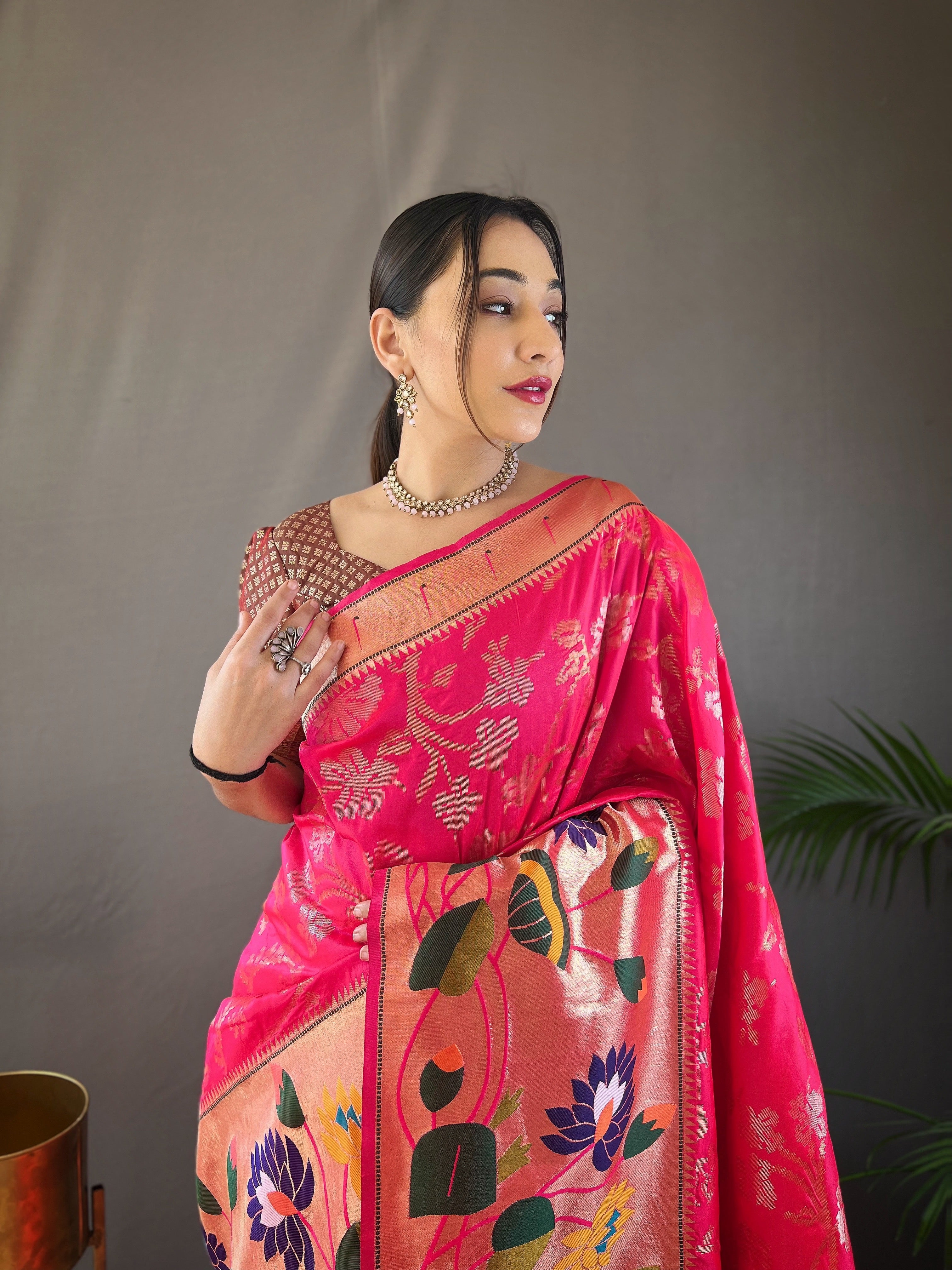 Rani Pink Pure Soft Silk Woven Paithani Saree With Colorful Floral Jaal & Zari Border