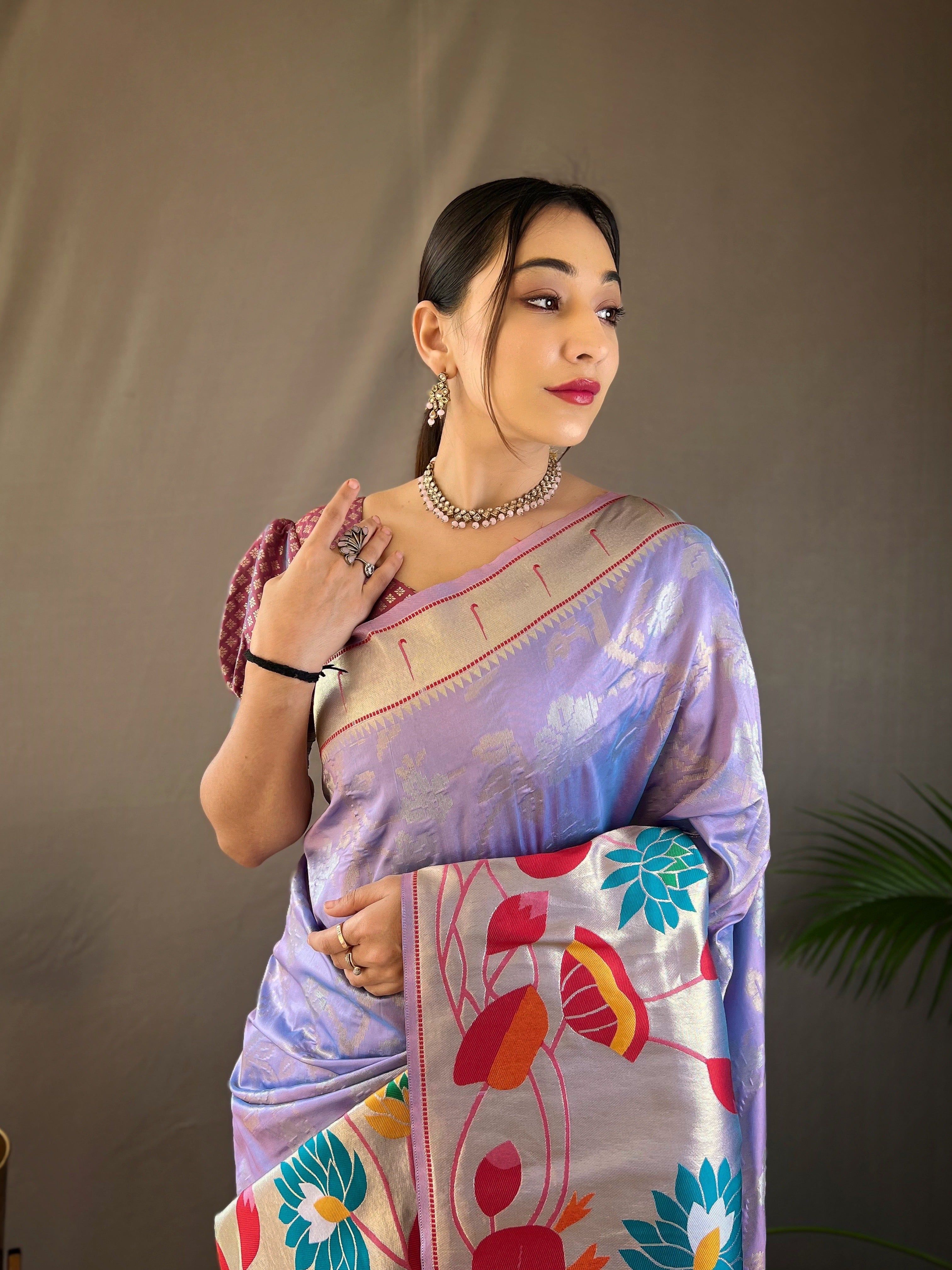 Lavender Purple Pure Soft Silk Woven Paithani Saree With Colorful Floral Jaal & Silver Border