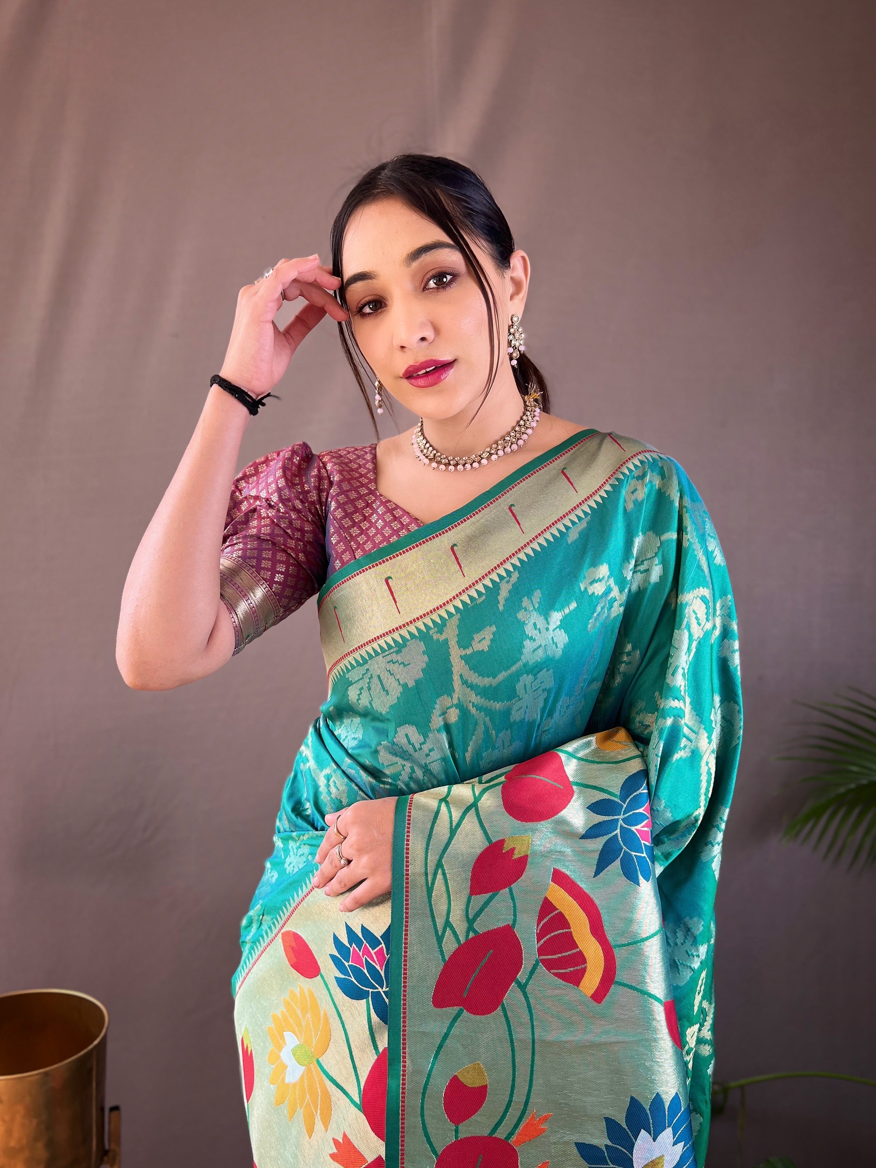 Teal Rama Green Pure Soft Silk Woven Paithani Saree With Colorful Floral Jaal & Silver Border