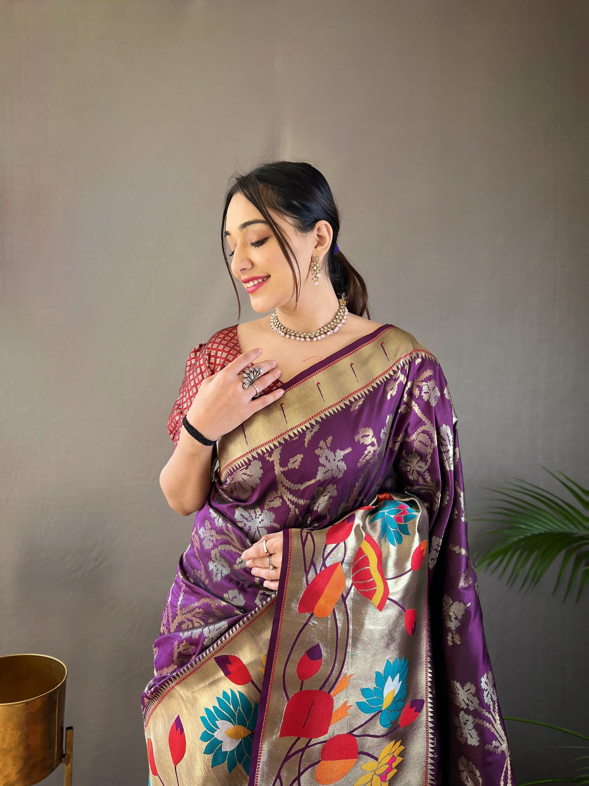 Deep Purple Pure Soft Silk Woven Paithani Saree With Colorful Floral Jaal & Gold Border