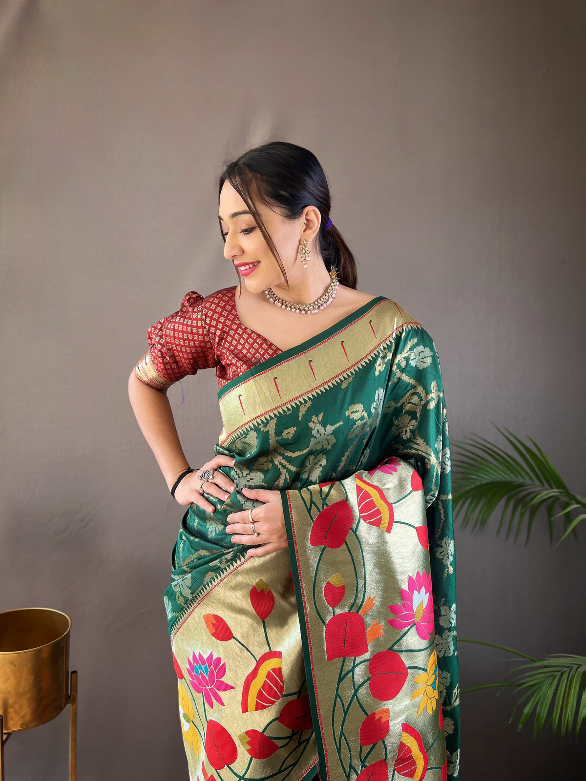 Bottle Green Pure Soft Silk Woven Paithani Saree With Colorful Floral Jaal & Gold Border