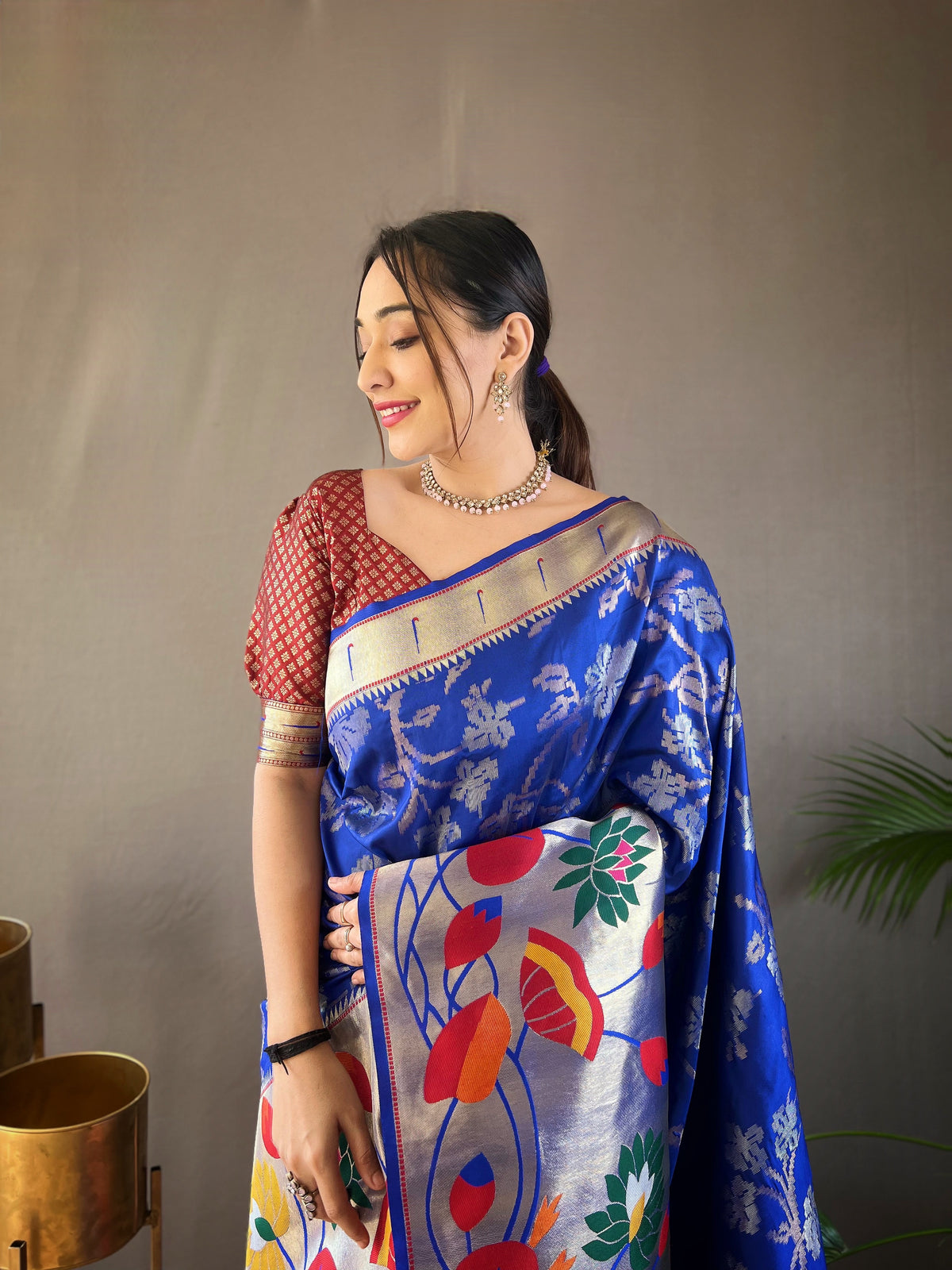 Royal Blue Pure Soft Silk Woven Paithani Saree With Colorful Floral Jaal & Silver Border