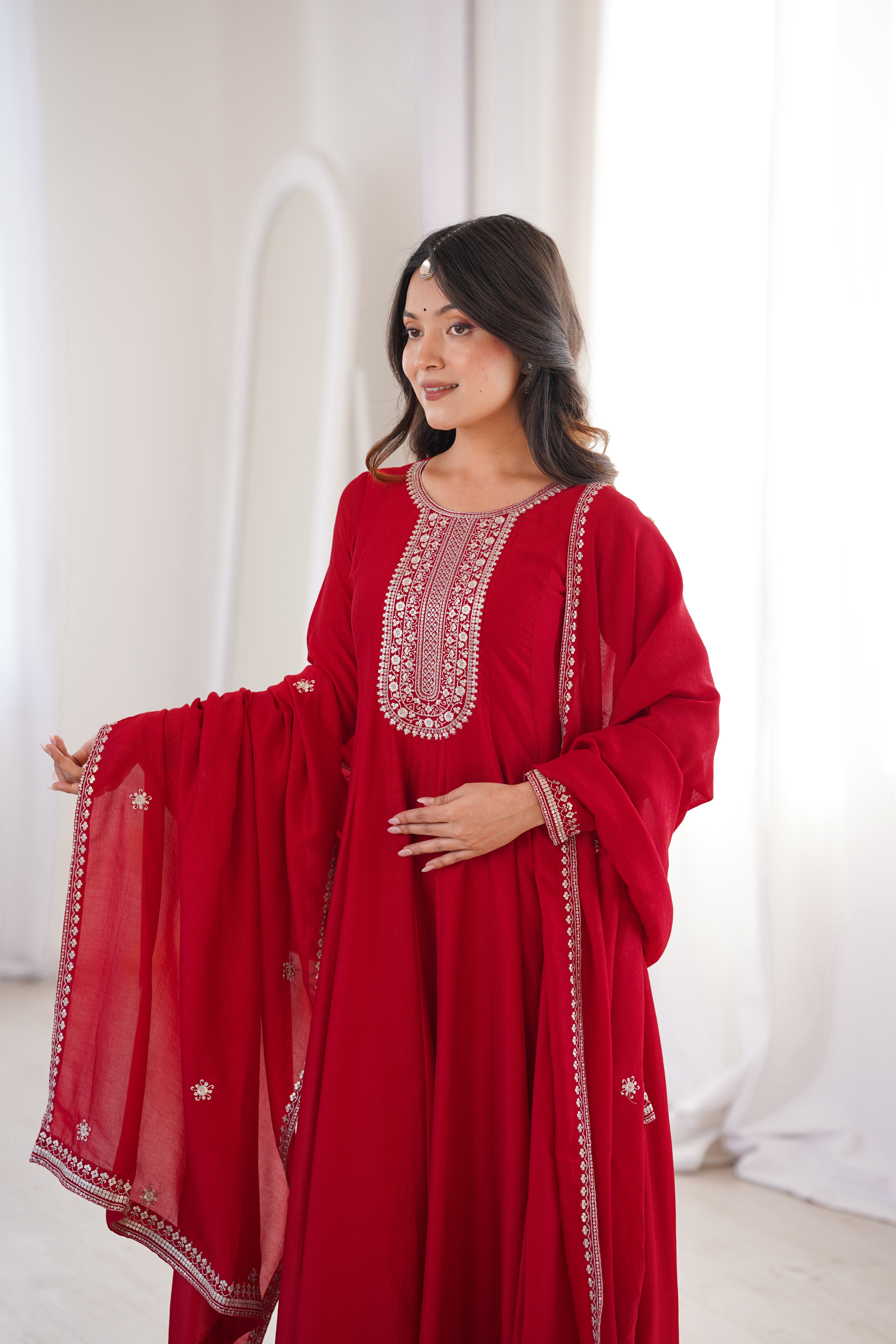 Dark Red Pure Vichitra Silk Kali Pattern Anarkali Gown – Festive Designer Anarkali Dress