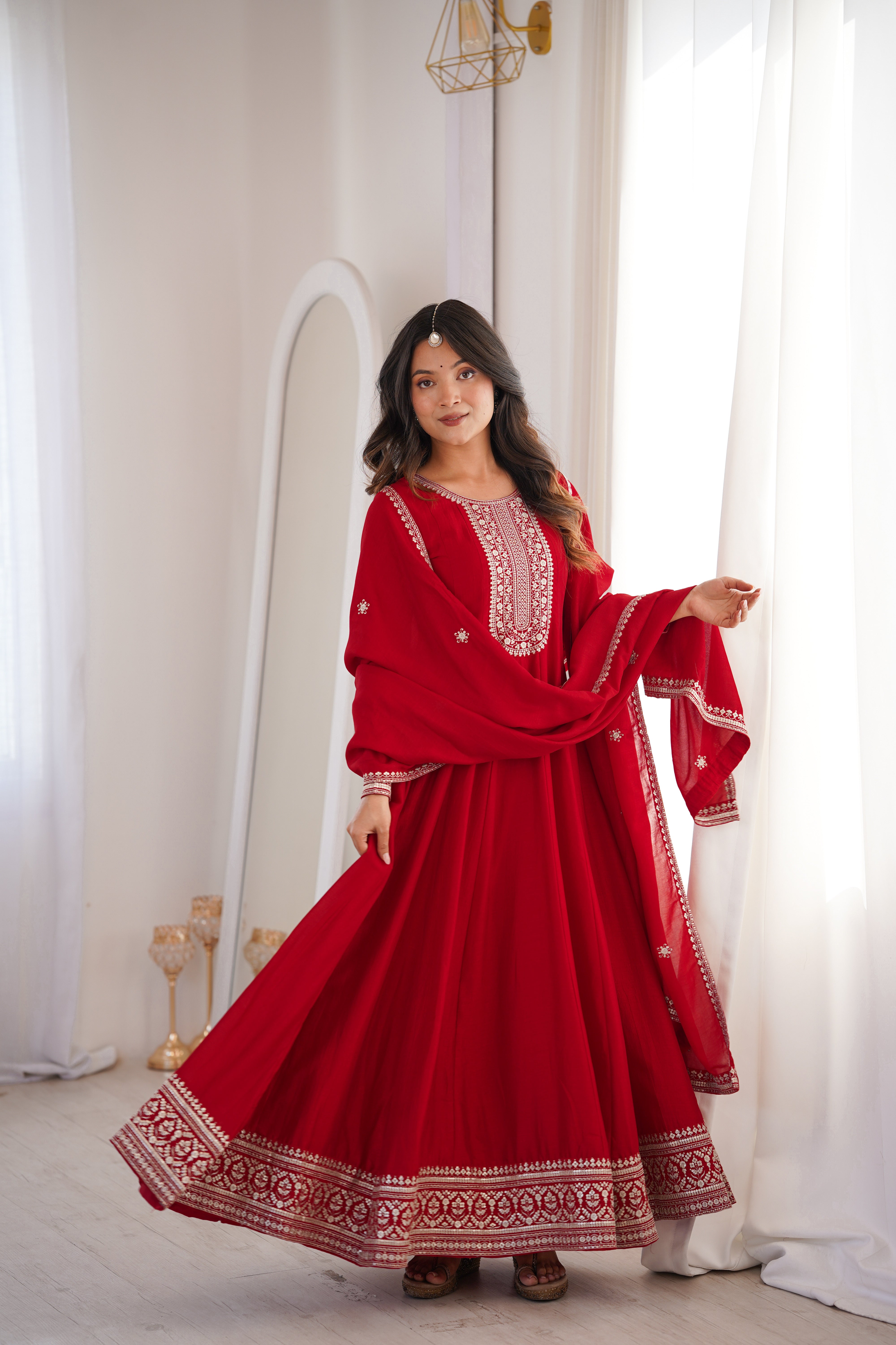 Dark Red Vichitra Silk Anarkali Gown