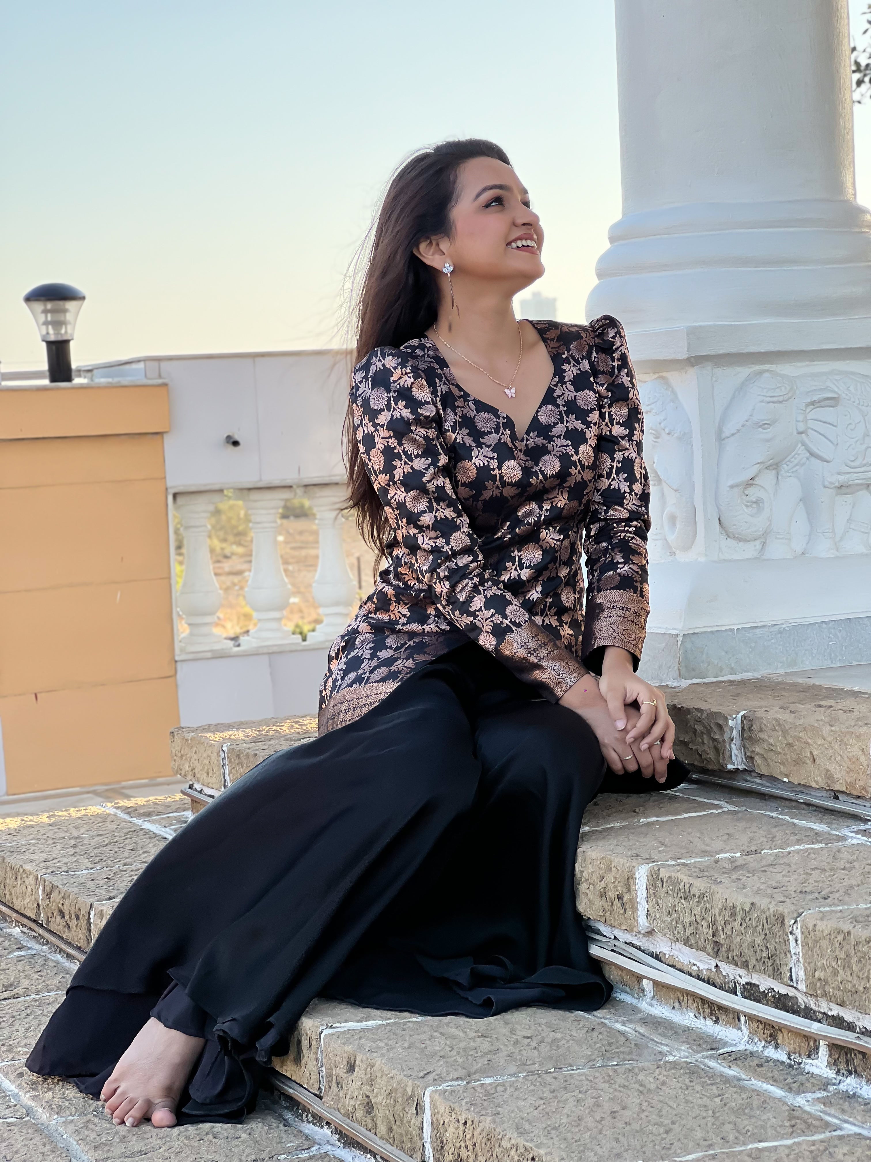 Black Woven Silk Jacket Style Kurti with Flared Palazzo Set