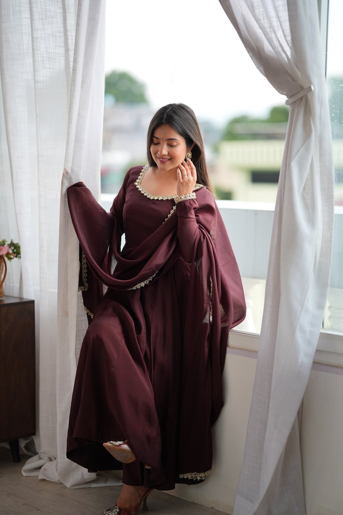 Chocolate Brown Pure Mal Chanderi Silk Full Flared Anarkali Kurta With Pant & Lace Border Dupatta Set
