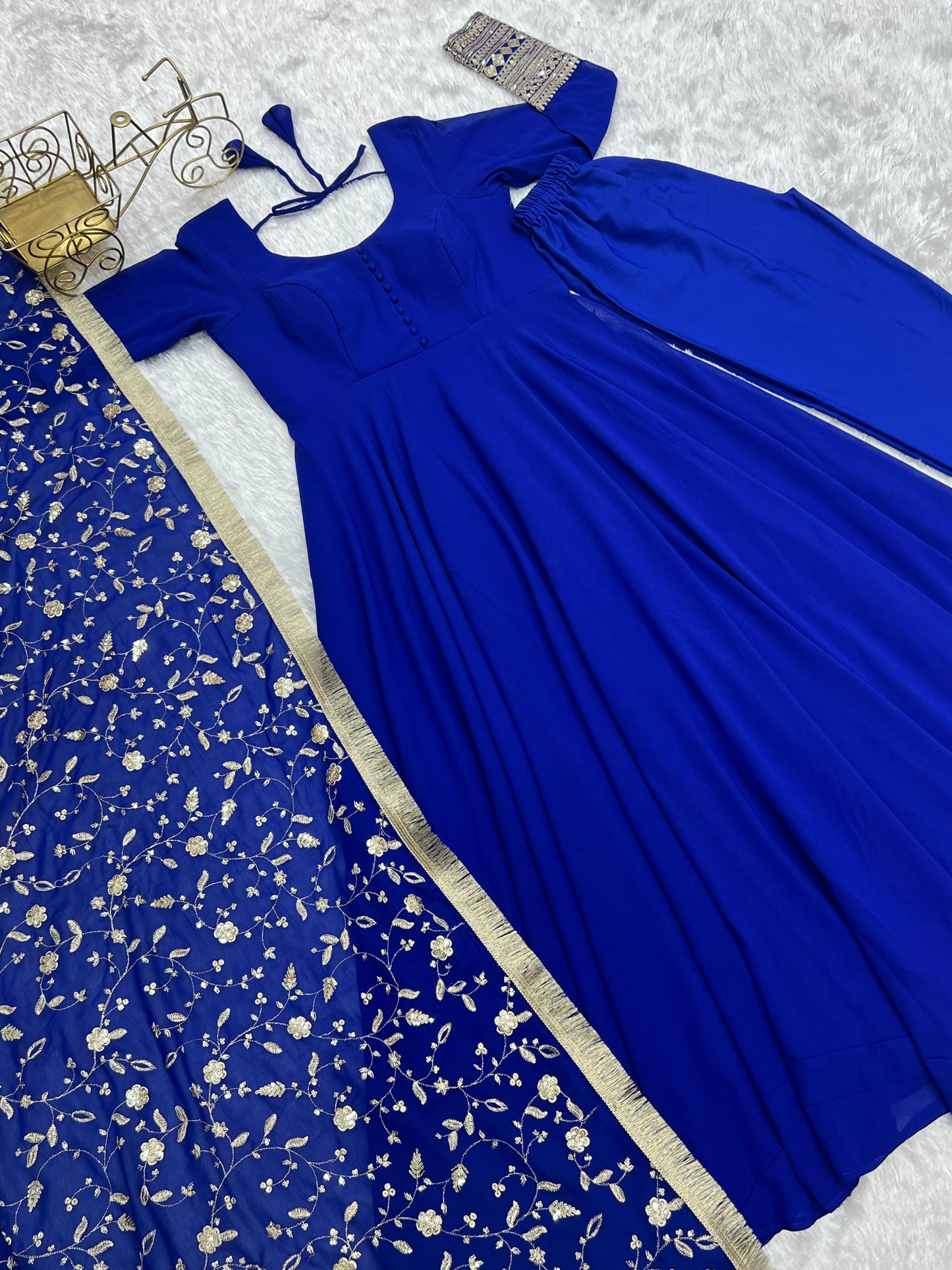 Royal Blue Colour New Georgette Anarkali Gown Duppta Full Set With Pent