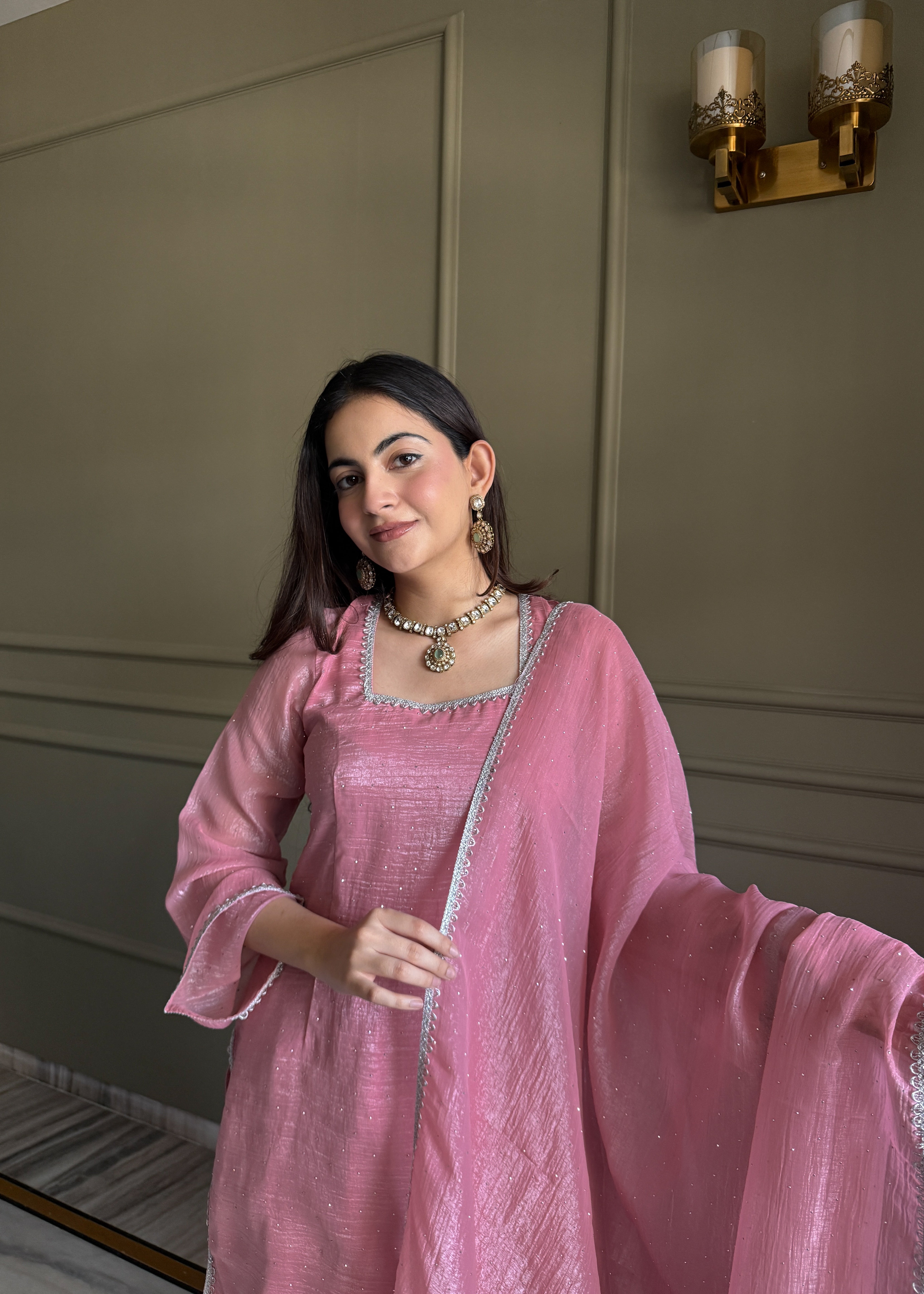 Pink Crunchy Silk Salwar Suit with Sparkling Siroksy Work & Designer Dupatta Set