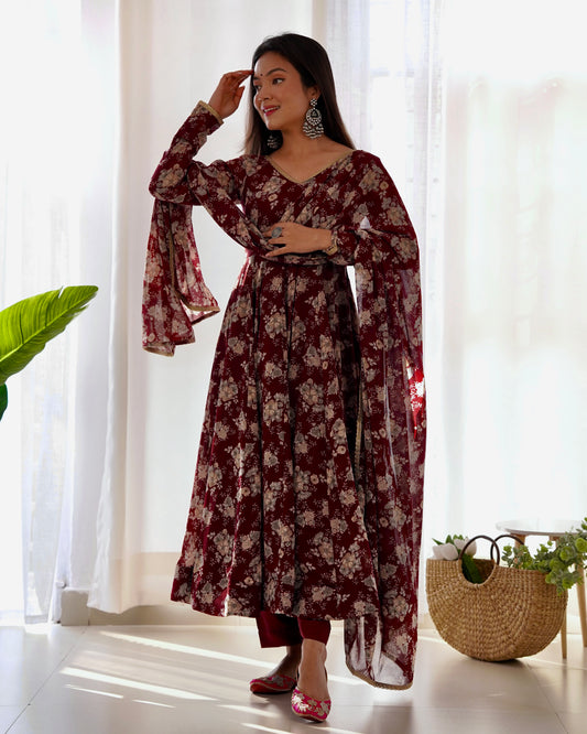 Dark Maroon Heavy Pure Fox Georgette Multi Floral Print Suit
