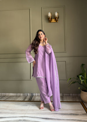 Lavender Crunchy Silk Salwar Suit with Siroksy Diamond Work by The Beauty Queen Surat