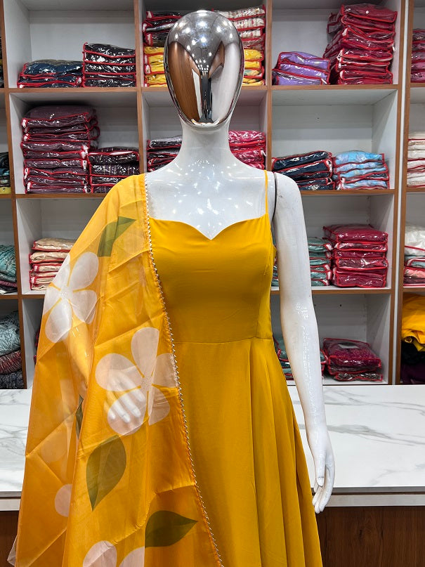 Yellow Pure Soft Fox Georgette Fully Flair Gown Duppta Set Ready To Wear Fully Sttiched