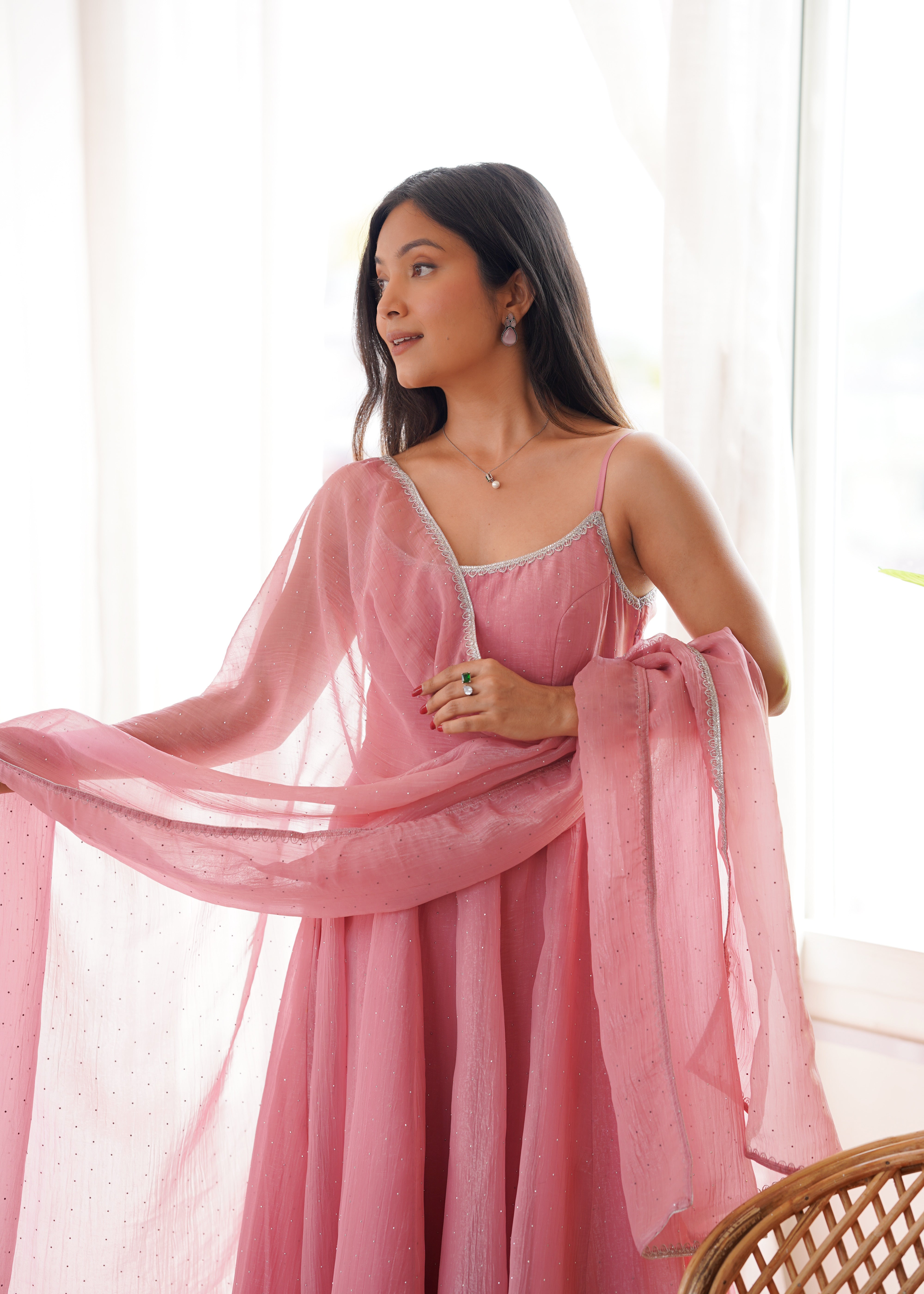Blush pink kali pattern Anarkali with allover crystal sparkle and strappy neckline