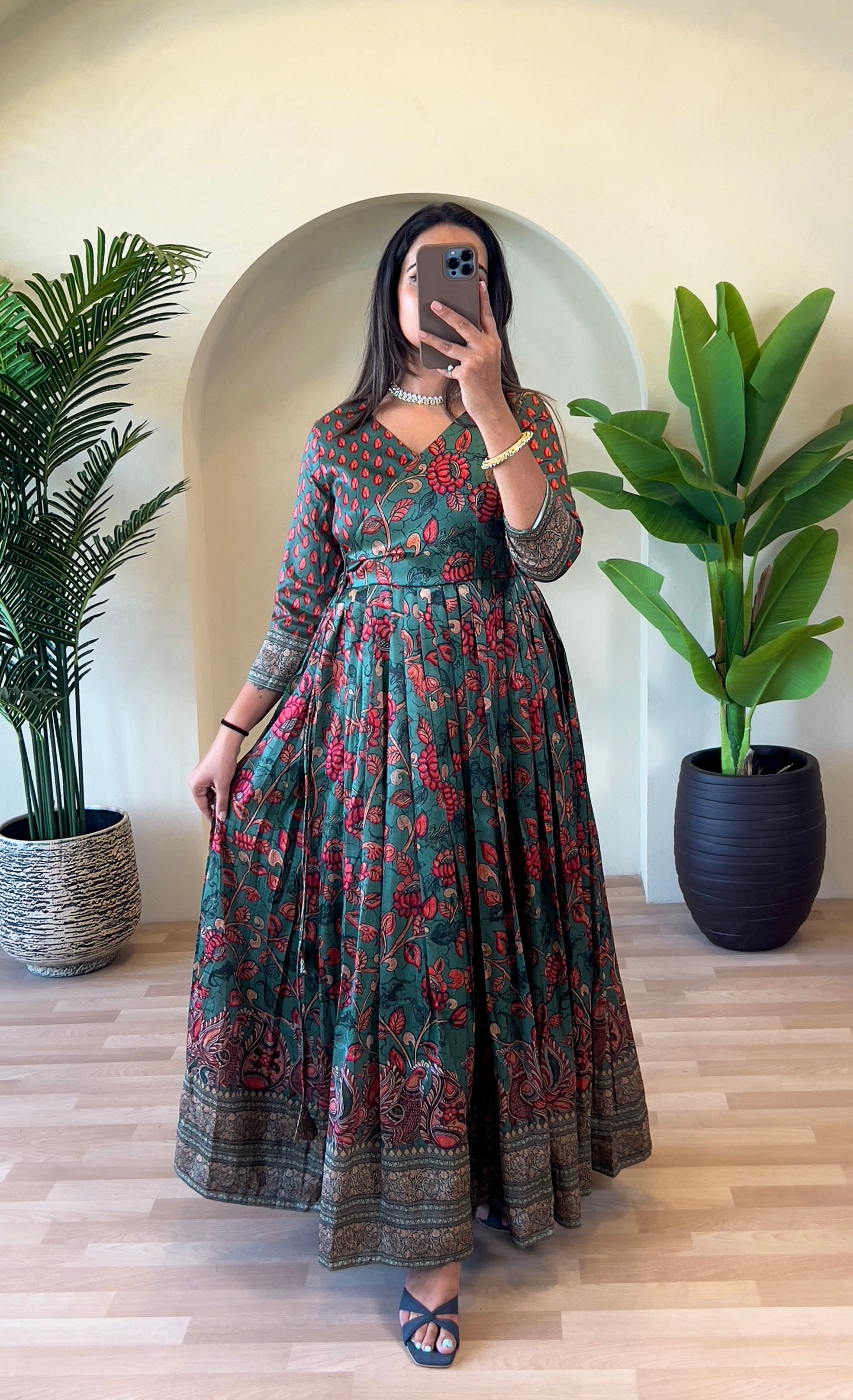 Teal Green Kalamkari Floral Print Silk Blend Anarkali Gown with Delicate Border