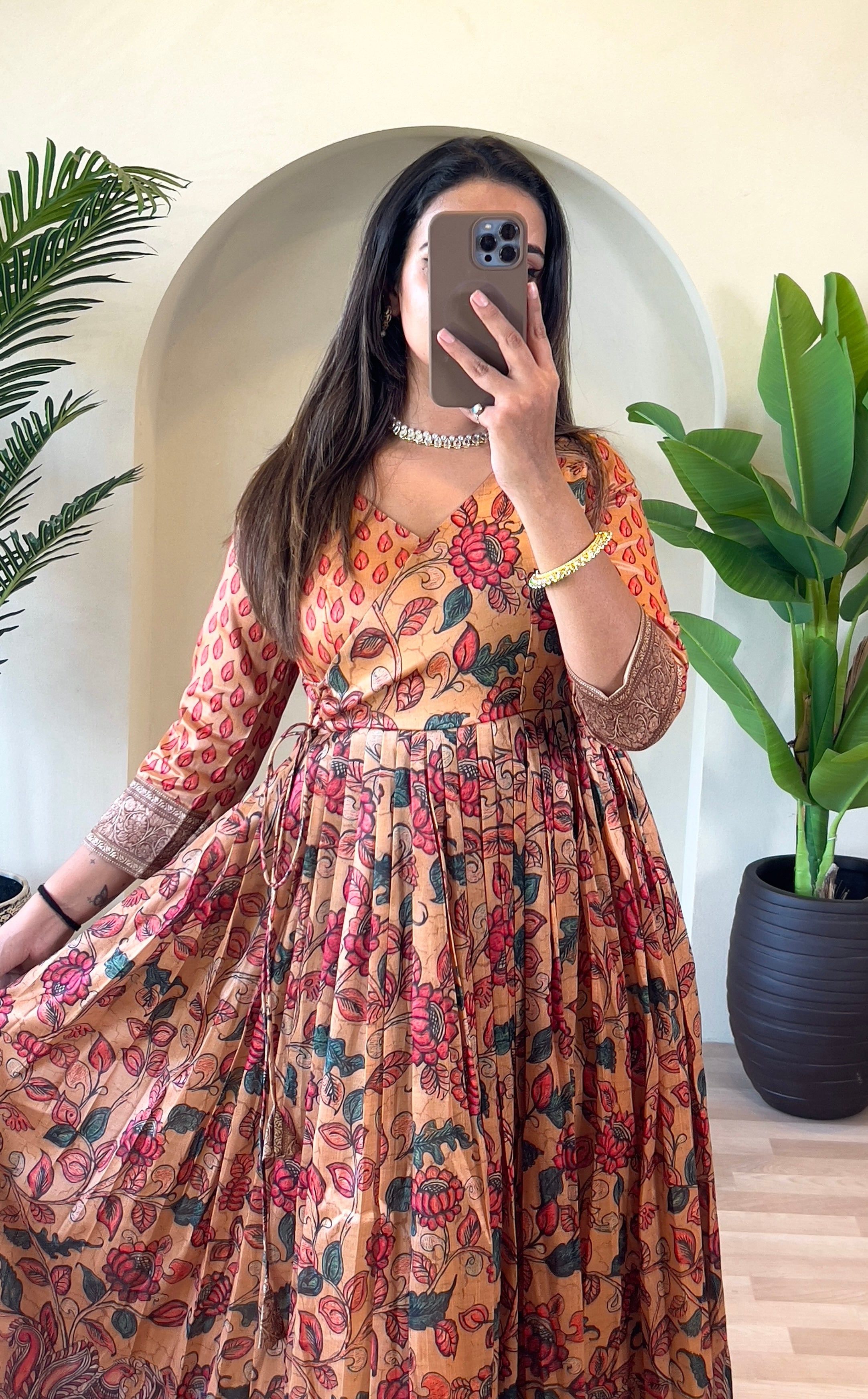 Mustard Yellow Kalamkari Floral Print Silk Blend Anarkali Gown with Delicate Border