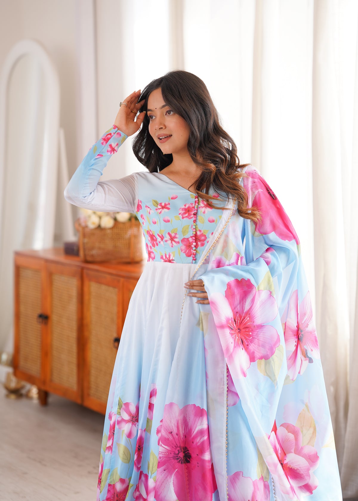 Sky Blue & White Pure Soft Organza Silk Floral Printed Anarkali Salwar Suit