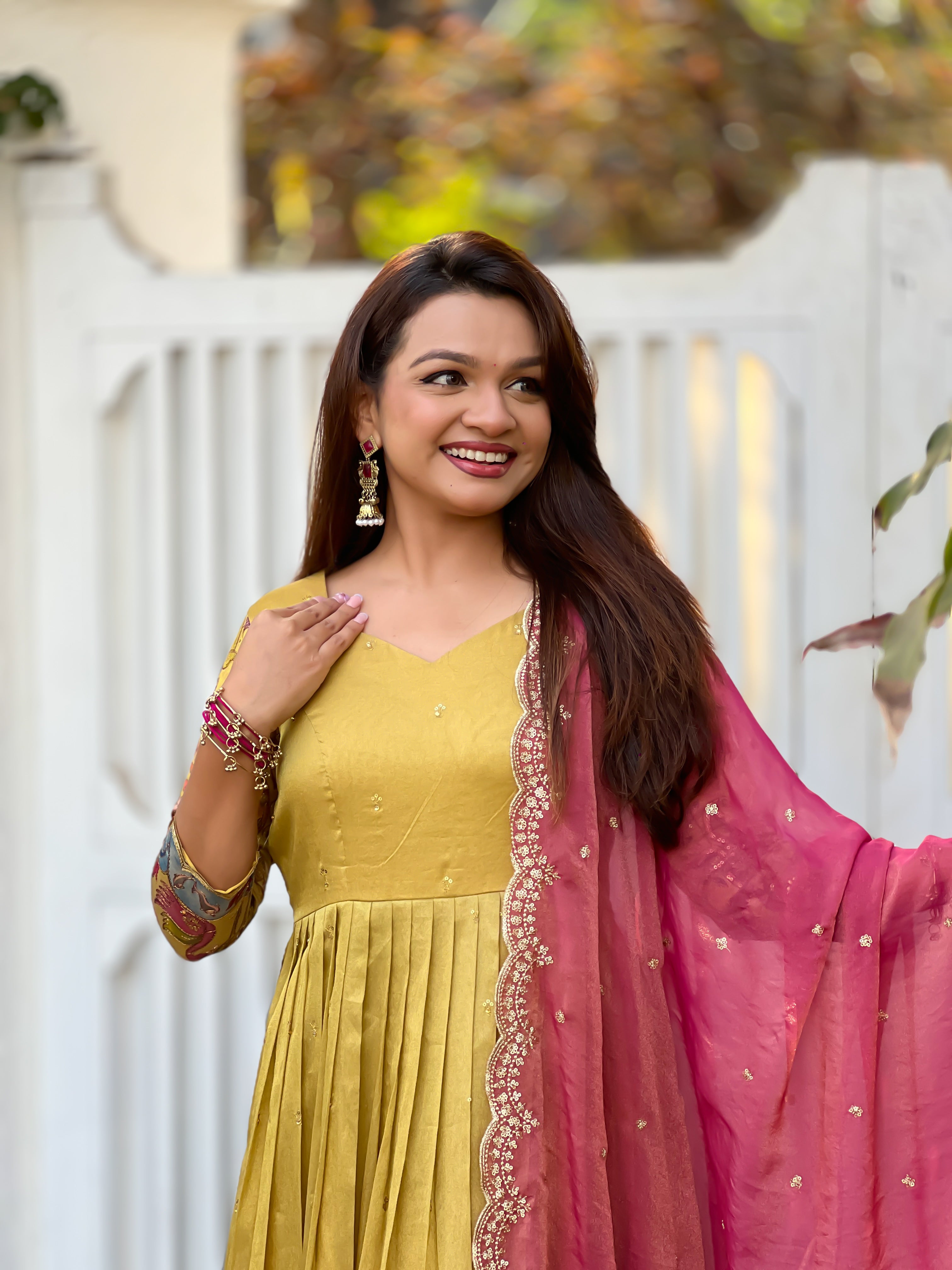 Mustard Yellow Silk Blend Position Print Embroidered Gown with Contrast Pink Scalloped Dupatta