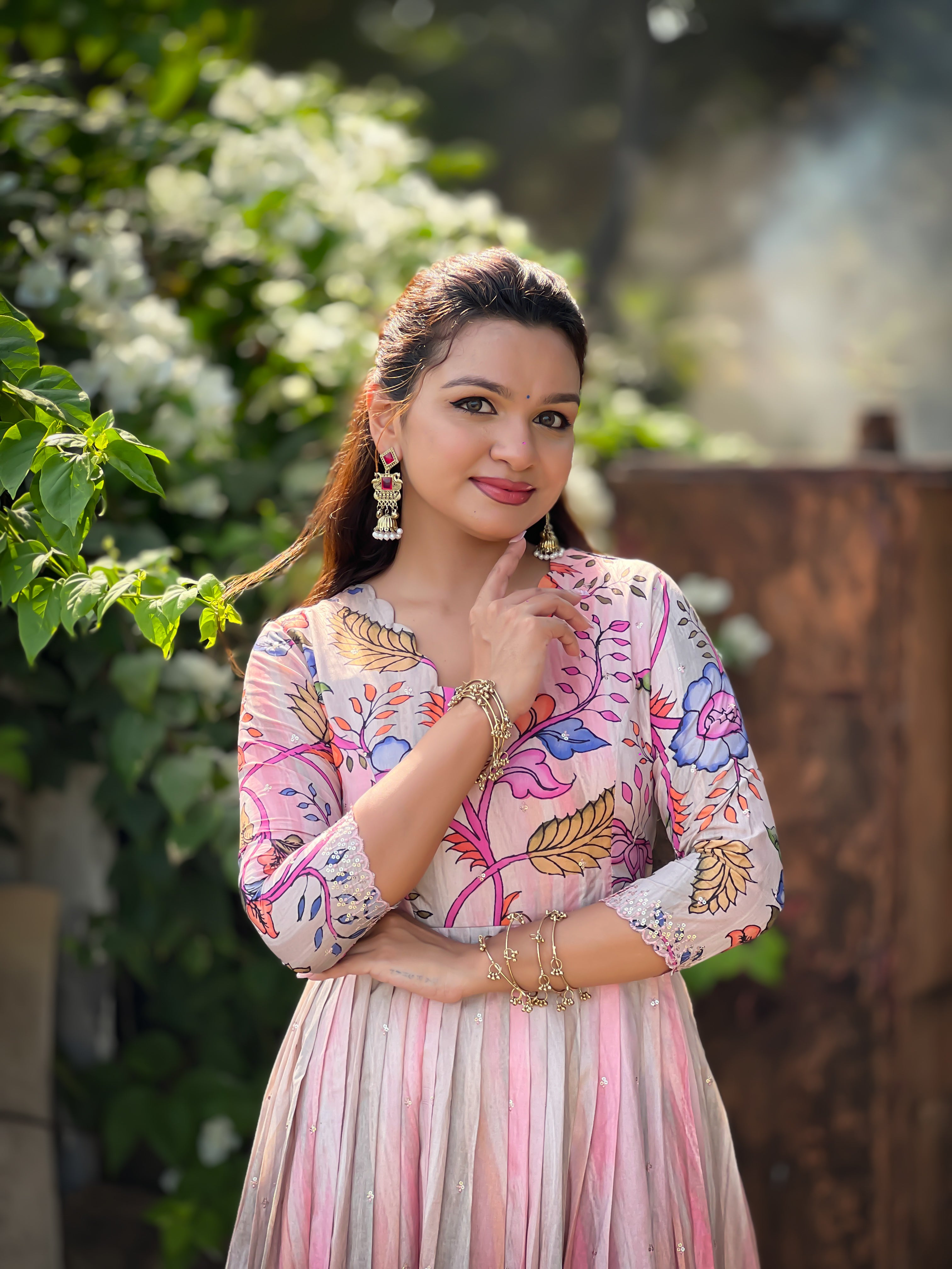Shaded Pink Tussar Silk Flared Gown with Kalamkari-Inspired Floral Prints