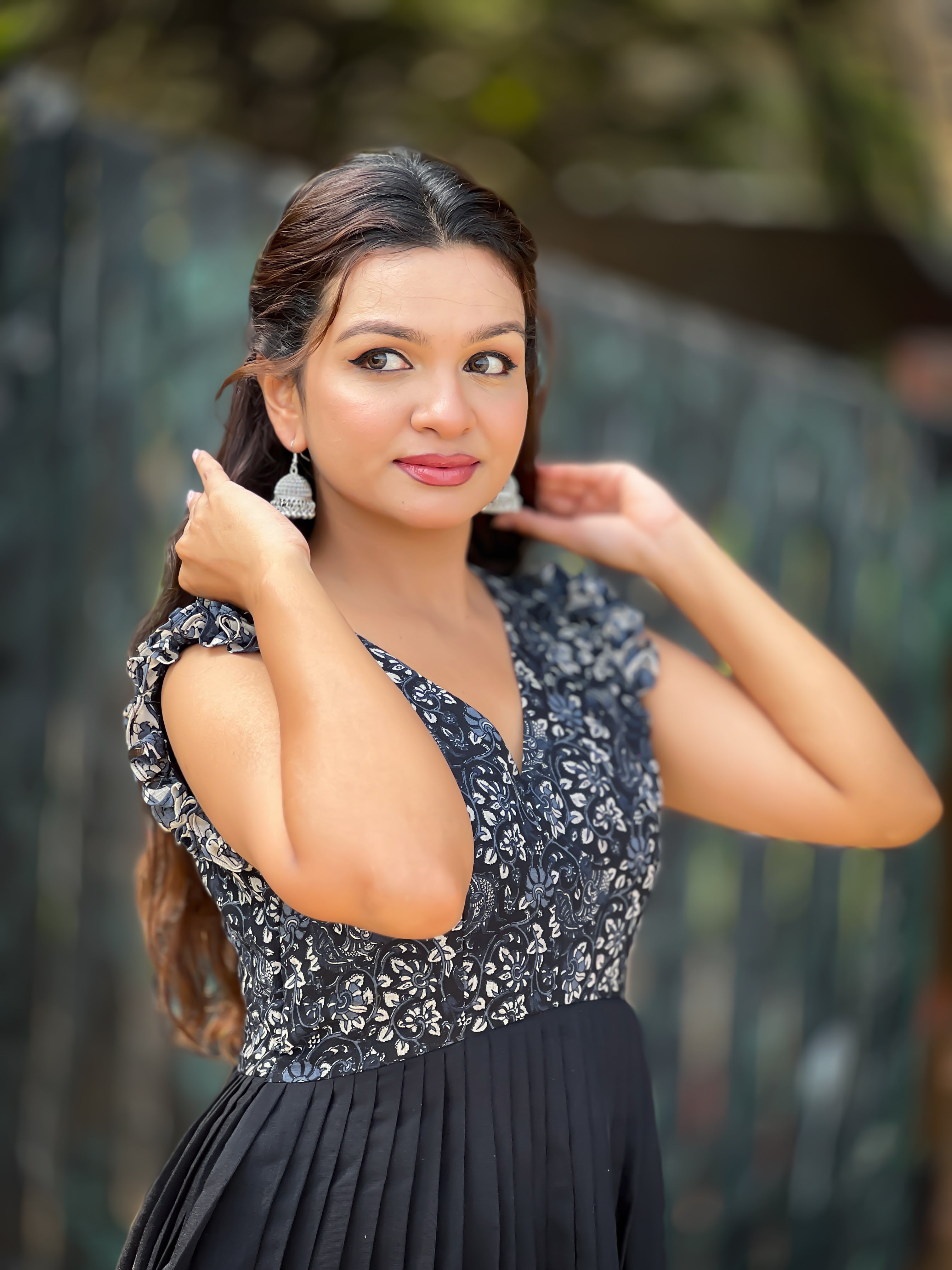 Black Linen Blend Printed Flared Dress with Charming Frill Sleeves & Printed Border