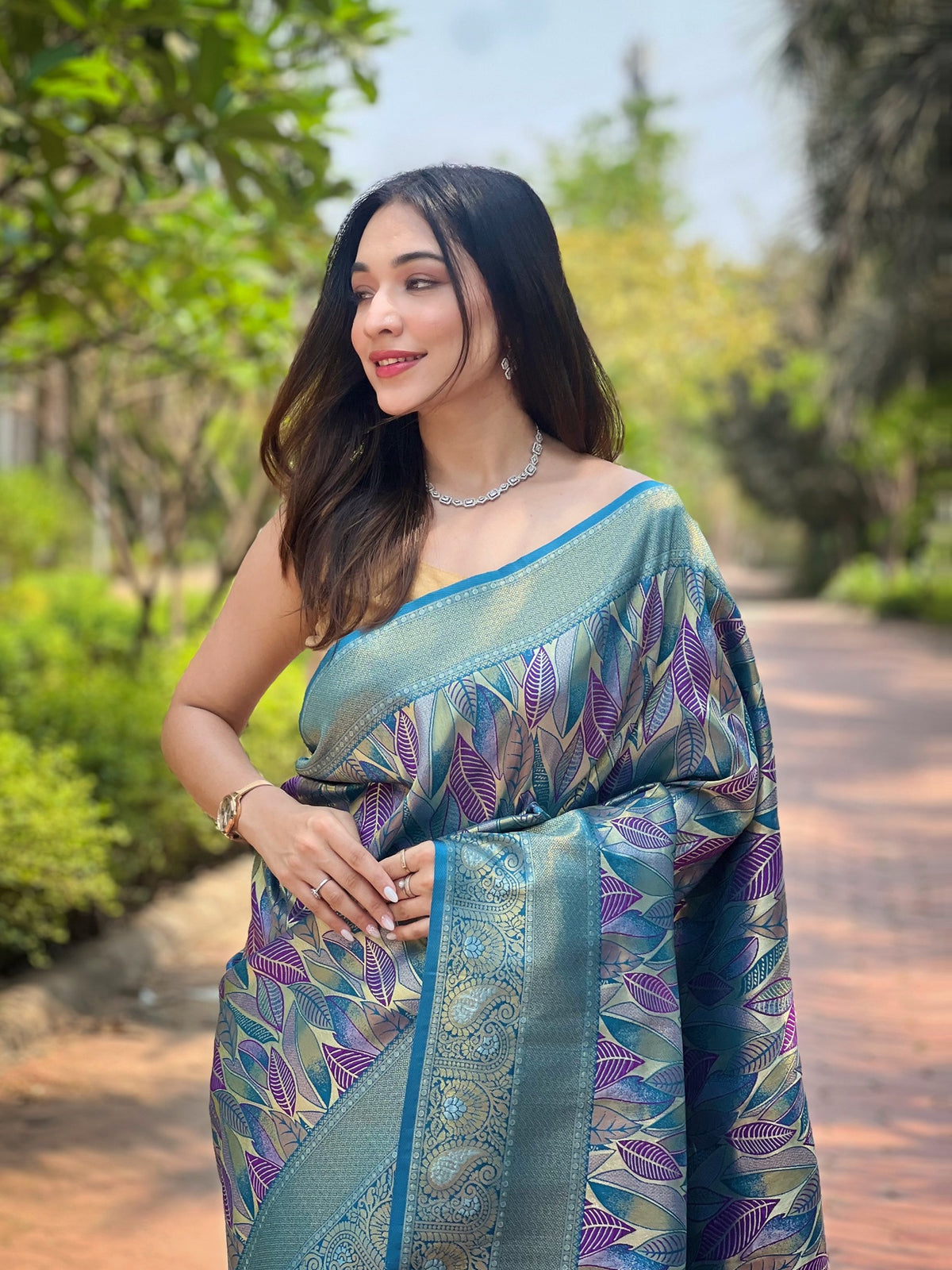 Royal Blue & Multicolour Leaf Woven Silk Saree With Zari Woven Border