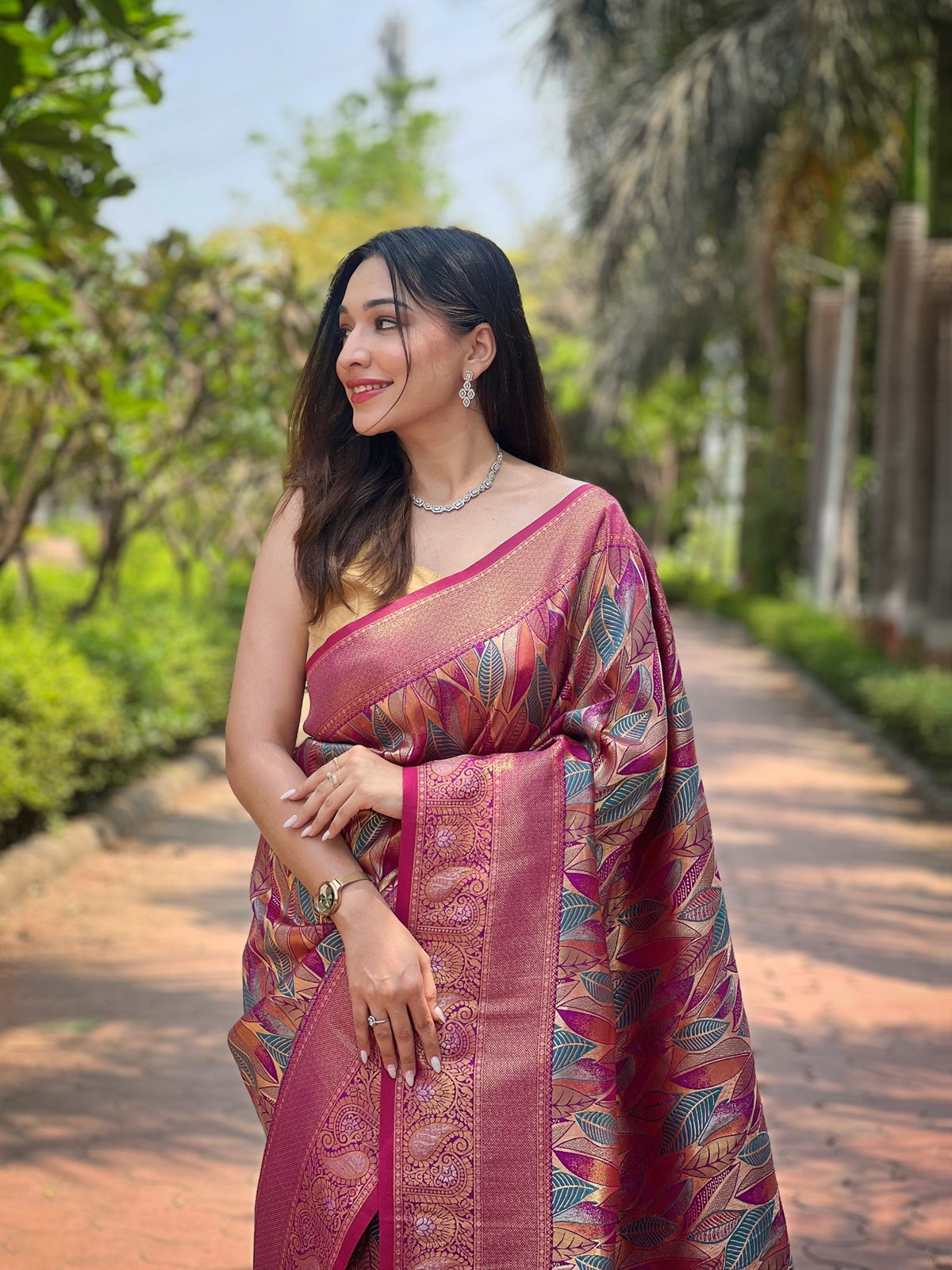 Magenta Pink & Multicolour Leaf Woven Silk Saree With Zari Woven Border
