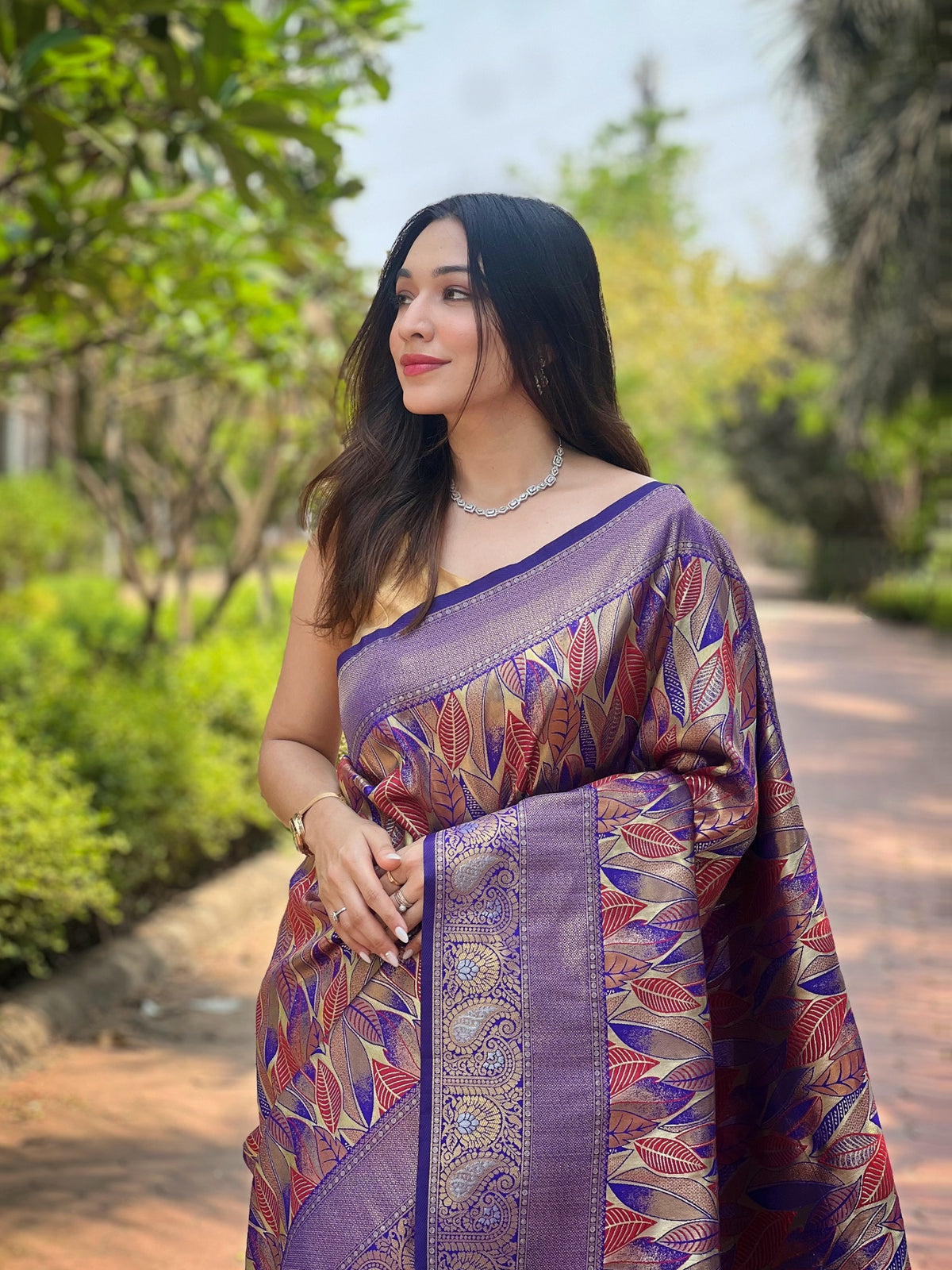 Purple & Multicolour Leaf Woven Silk Saree With Zari Woven Border