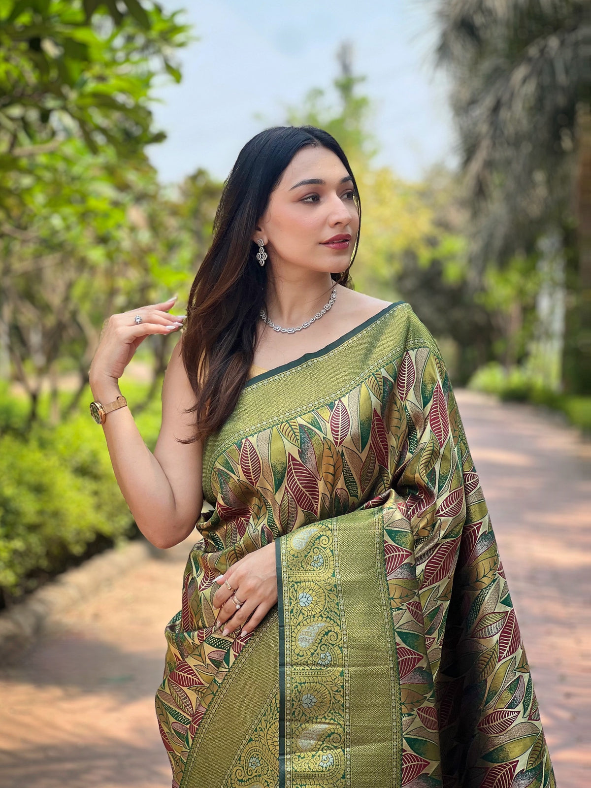 Olive Green & Multicolour Leaf Woven Silk Saree With Zari Woven Border