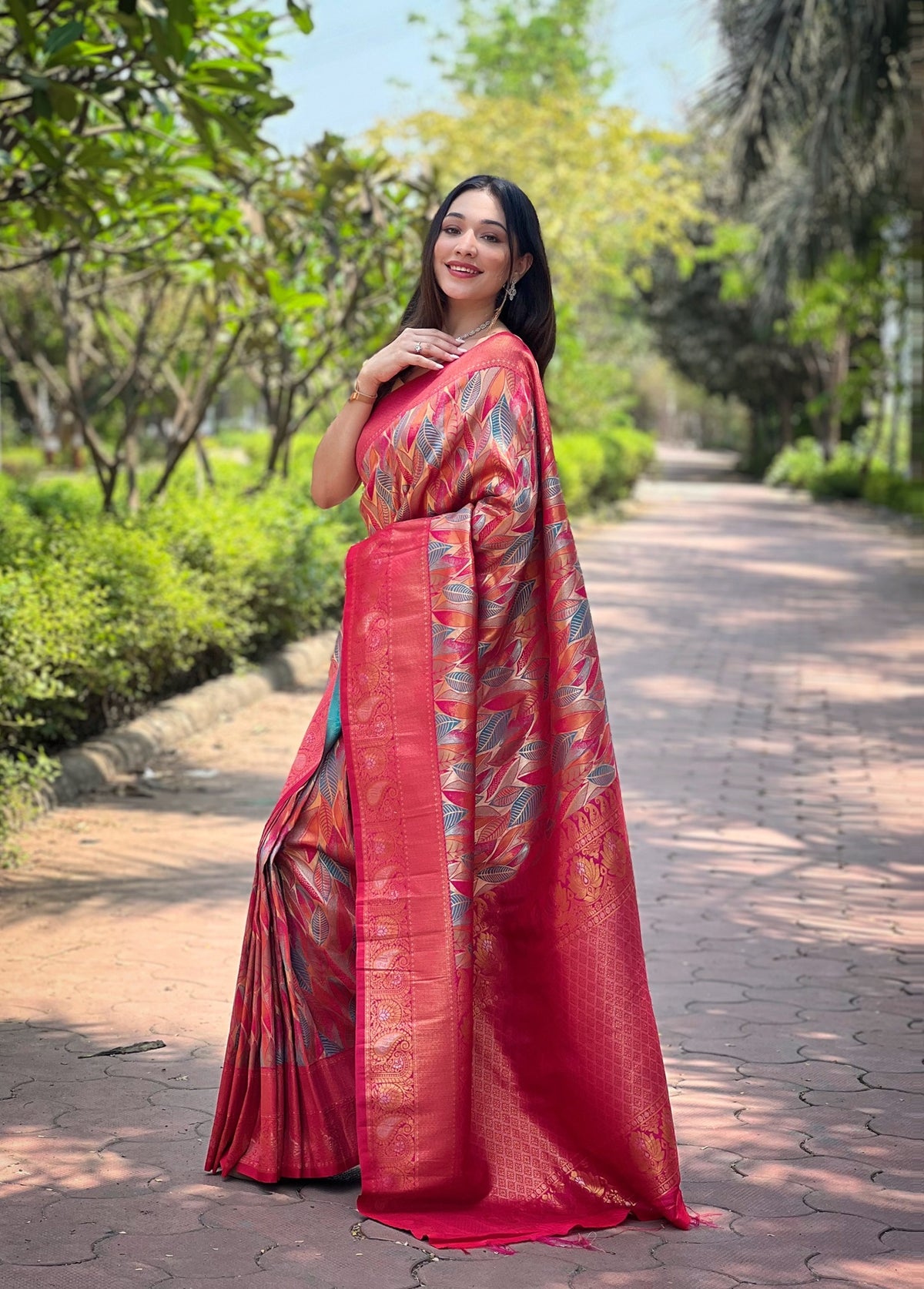 Coral Pink & Multicolour Leaf Woven Silk Saree With Zari Woven Border