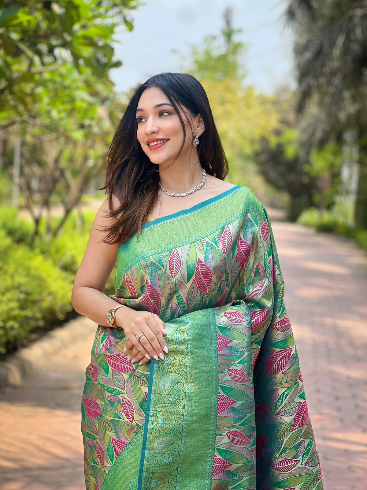 Sea Green & Multicolour Leaf Woven Silk Saree With Zari Woven Border