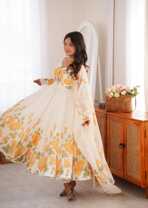 Pure organza silk Anarkali with floral print pants and dupatta set