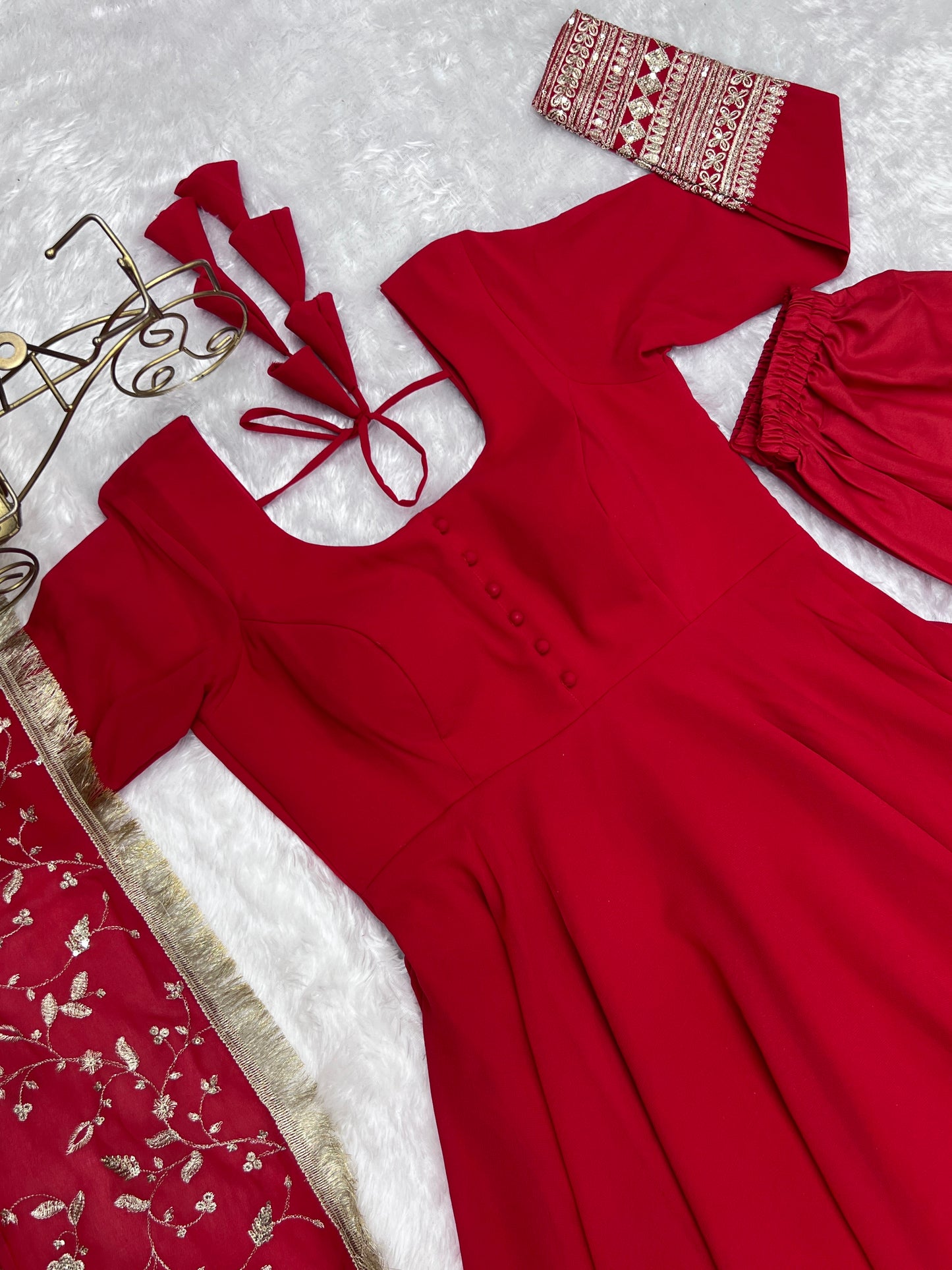 Red Colour New Georgette Anarkali Gown Duppta Full Set With Pent