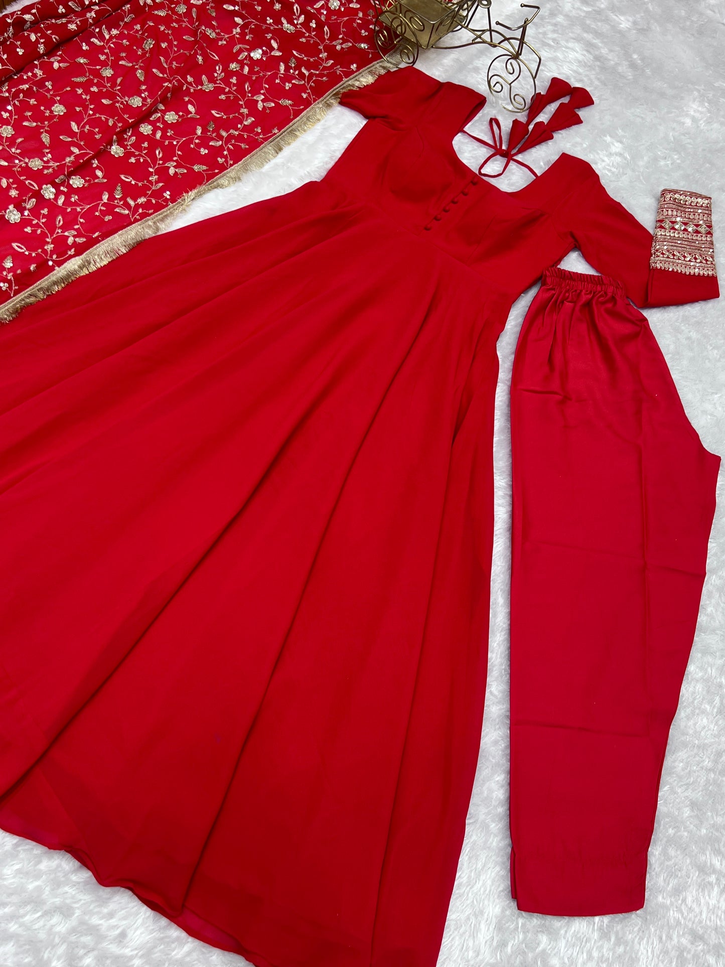 Red Colour New Georgette Anarkali Gown Duppta Full Set With Pent