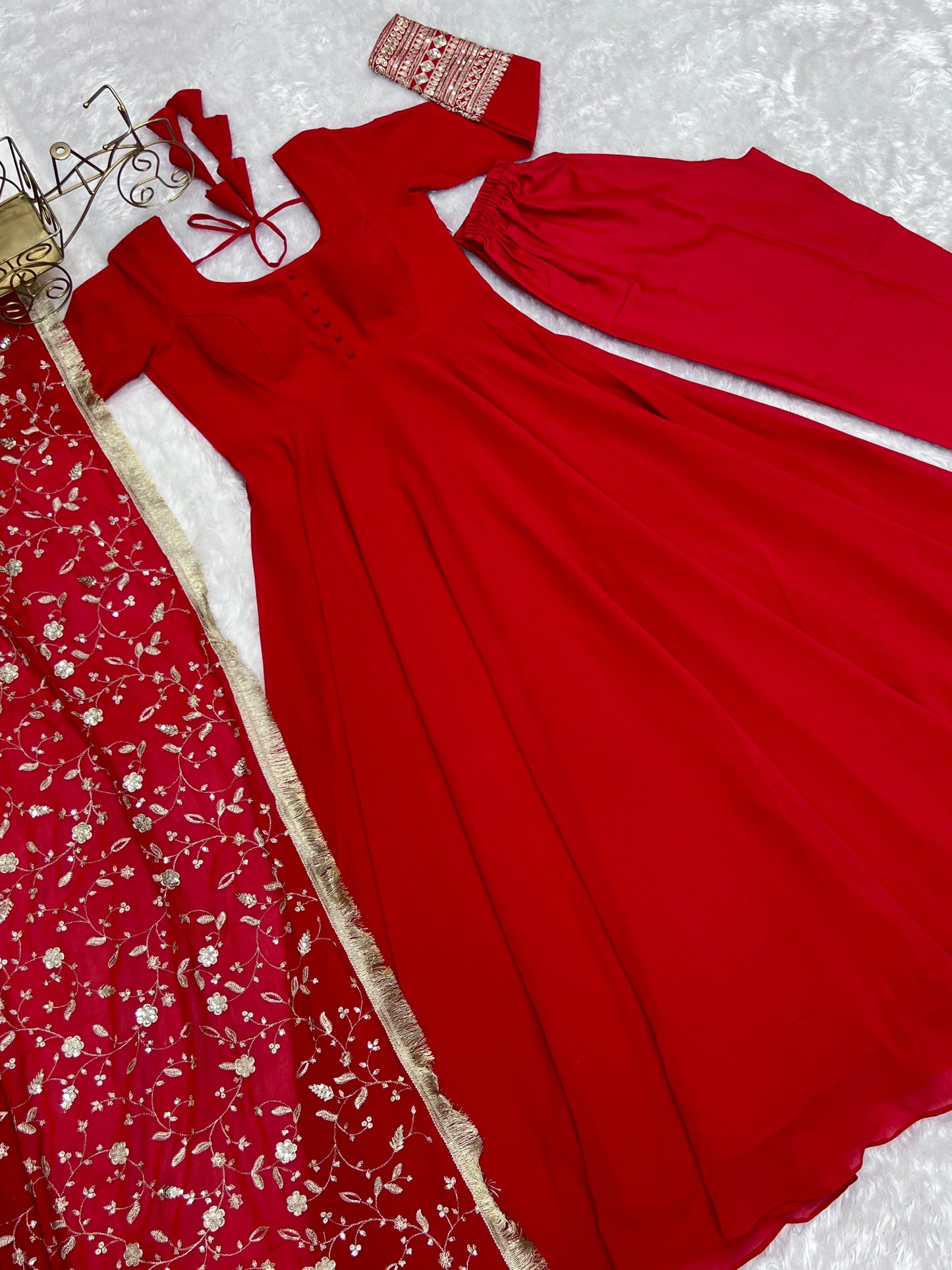 Red Colour New Georgette Anarkali Gown Duppta Full Set With Pent