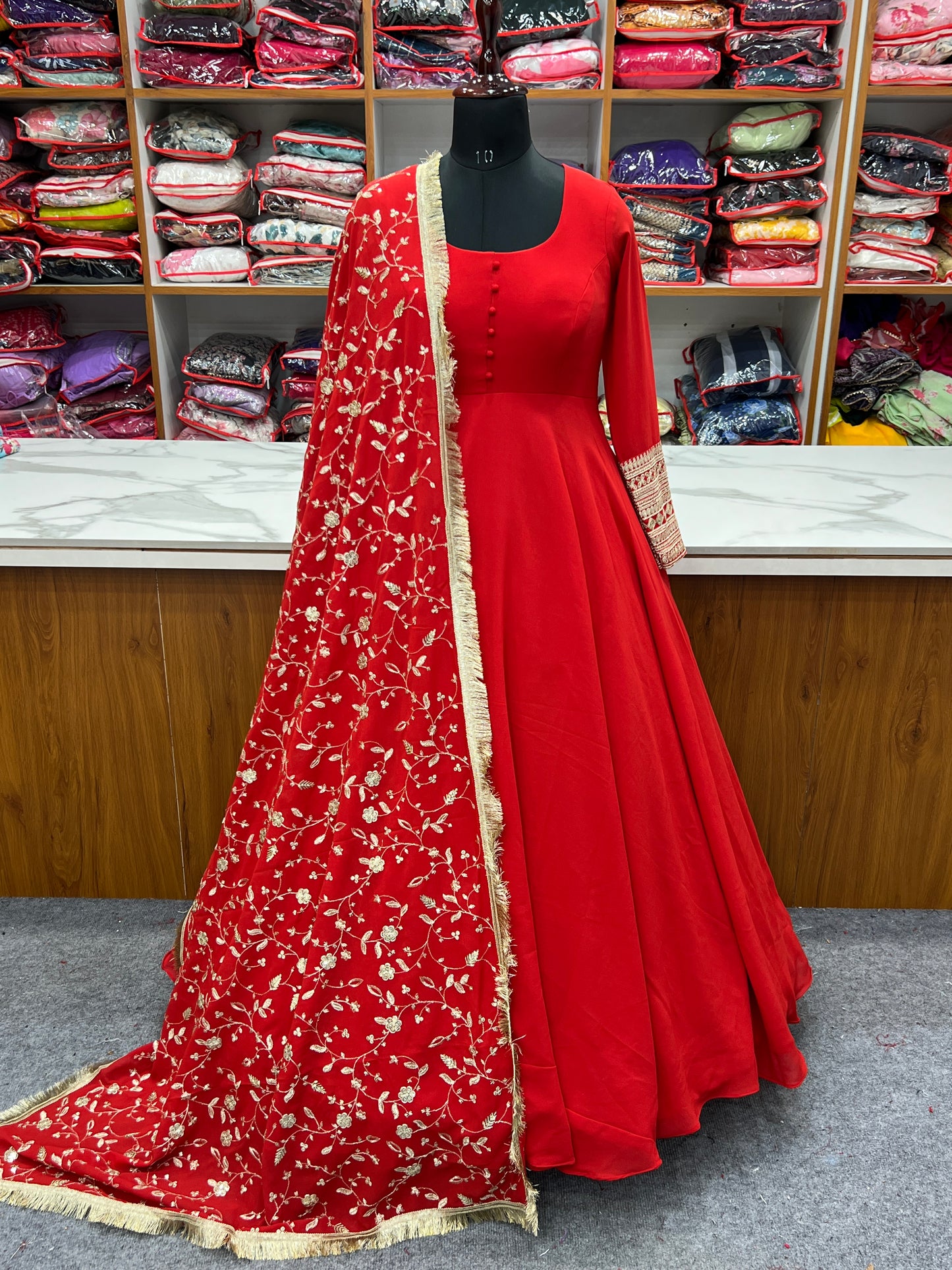 Red Colour New Georgette Anarkali Gown Duppta Full Set With Pent