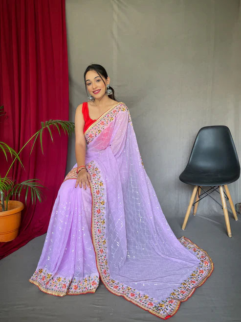 Georgette Sequins Designer Embroidered Saree Lavender