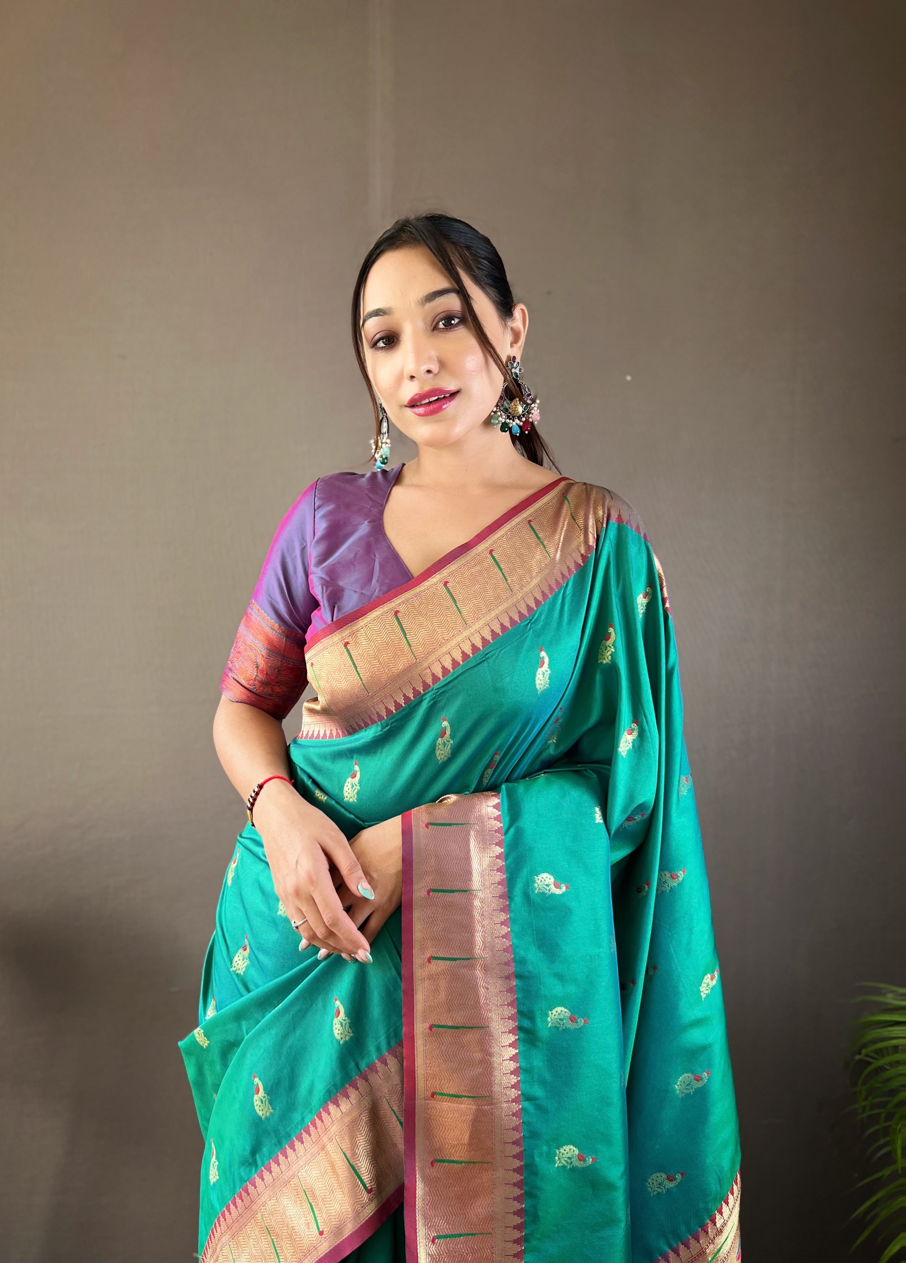 Teal Blue Woven Design Silk Blend Paithani Saree With Peacock Pallu & Zari Border