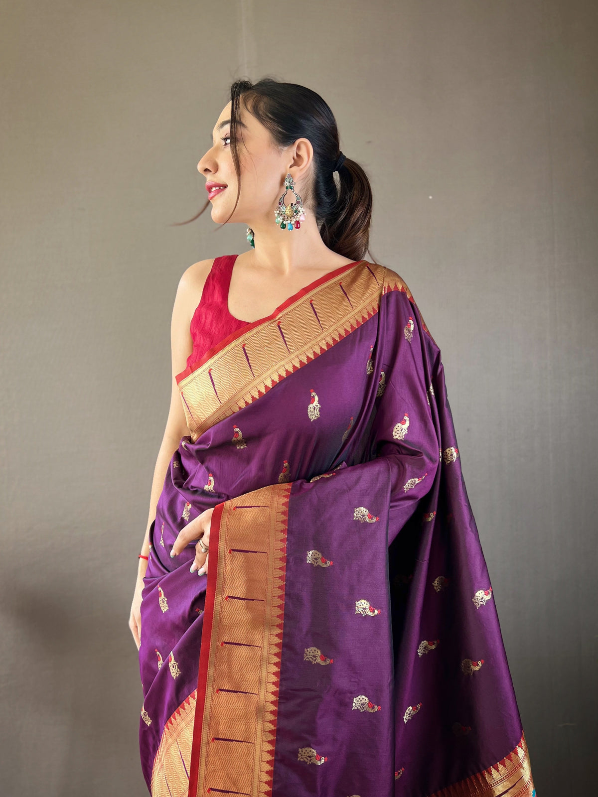 Dark Purple Woven Design Silk Blend Paithani Saree With Peacock Pallu & Zari Border