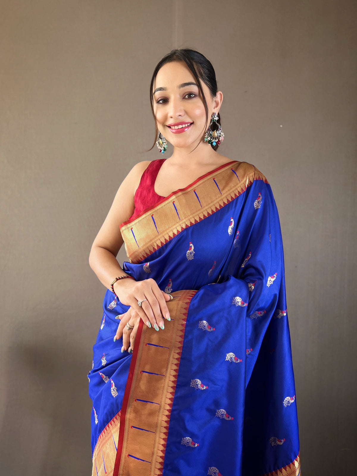 Royal Blue Woven Design Silk Blend Paithani Saree With Peacock Pallu & Zari Border