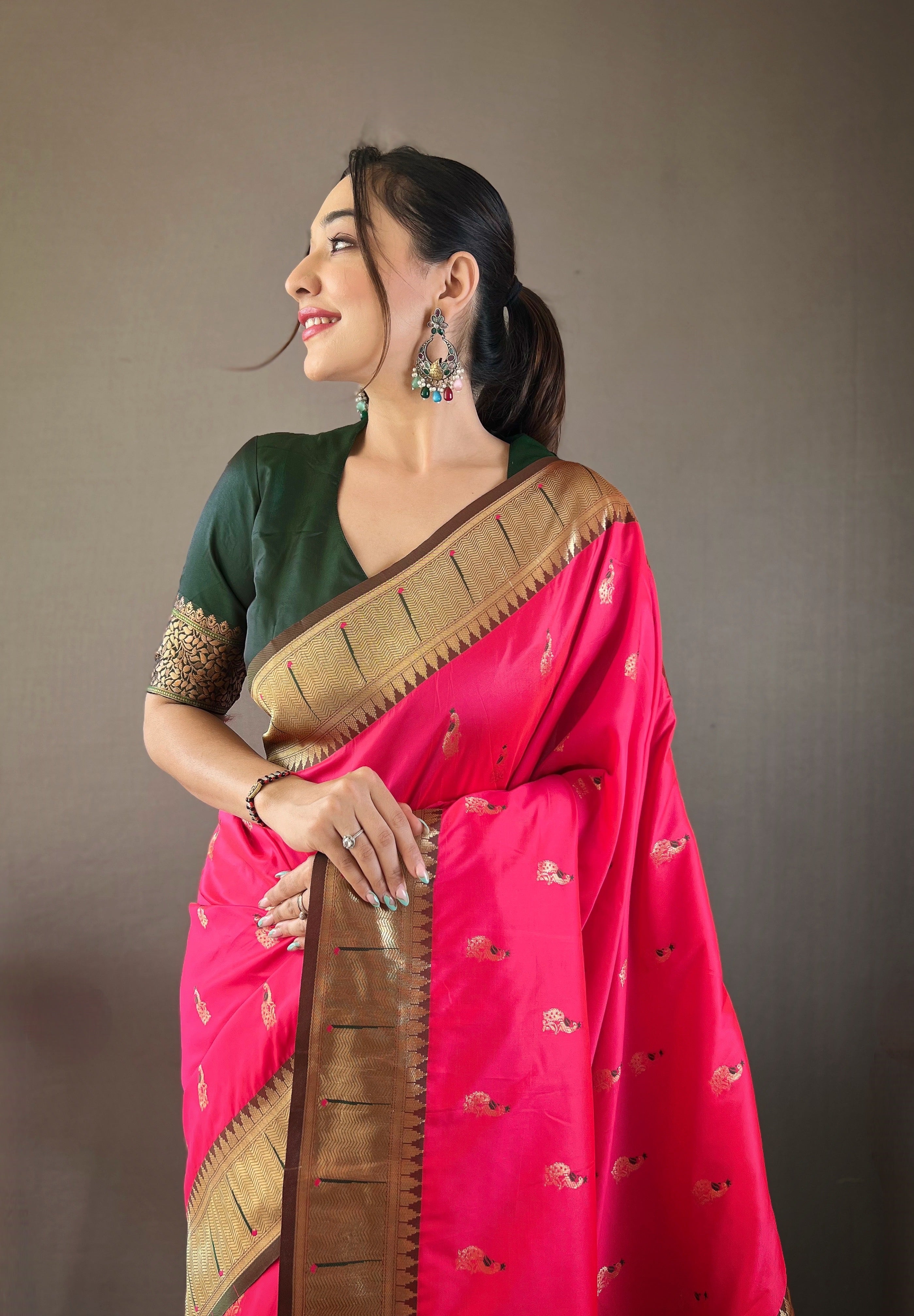 Rani Pink Woven Design Silk Blend Paithani Saree With Peacock Pallu & Zari Border