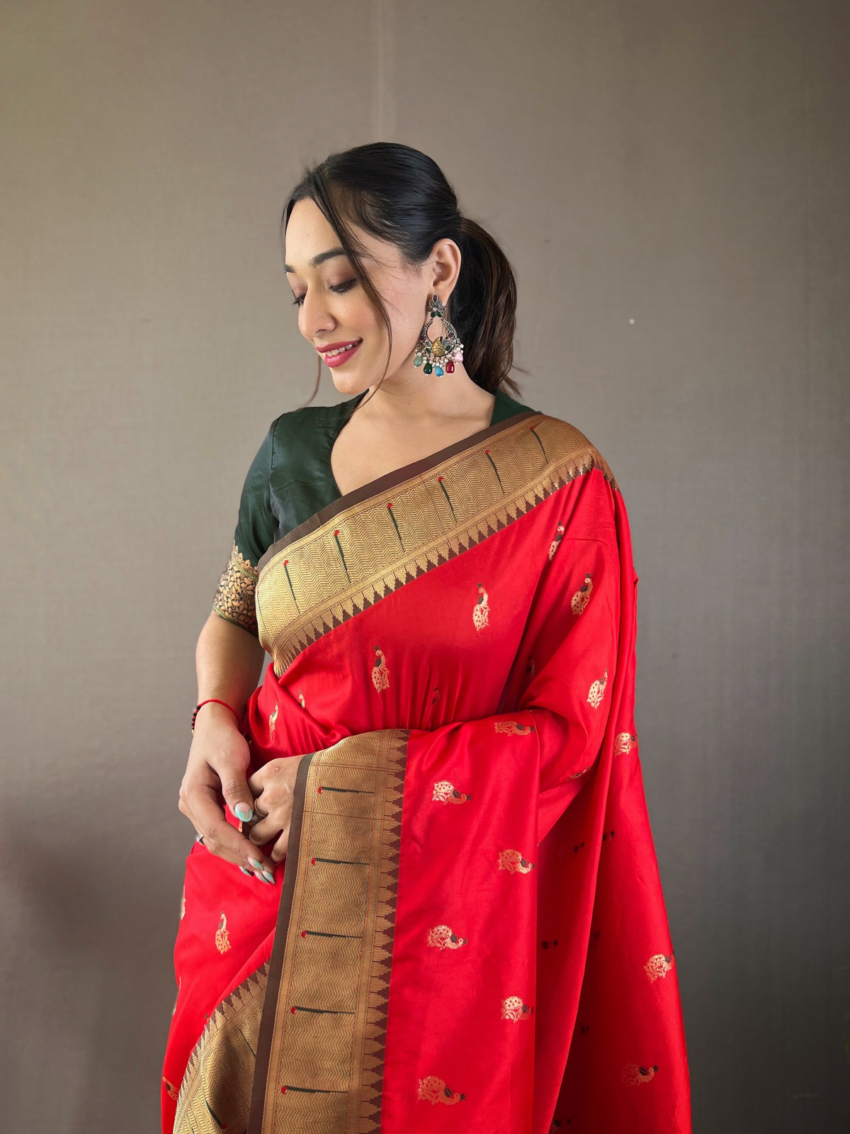 Classic Red Woven Design Silk Blend Paithani Saree With Antique Zari Border