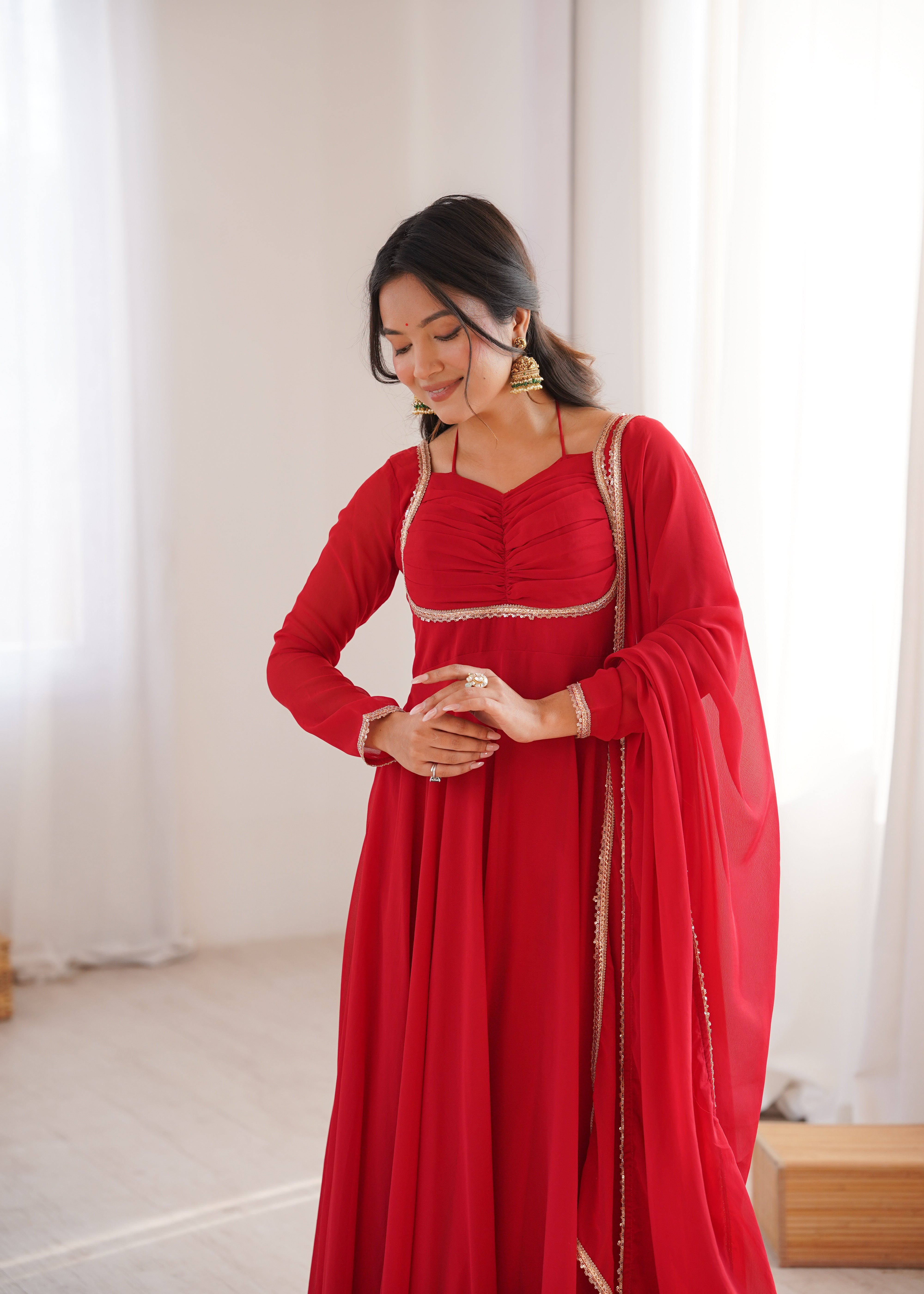 Red Pure Fox Georgette Anarkali Duppta Full Set Ready To Wear Gown