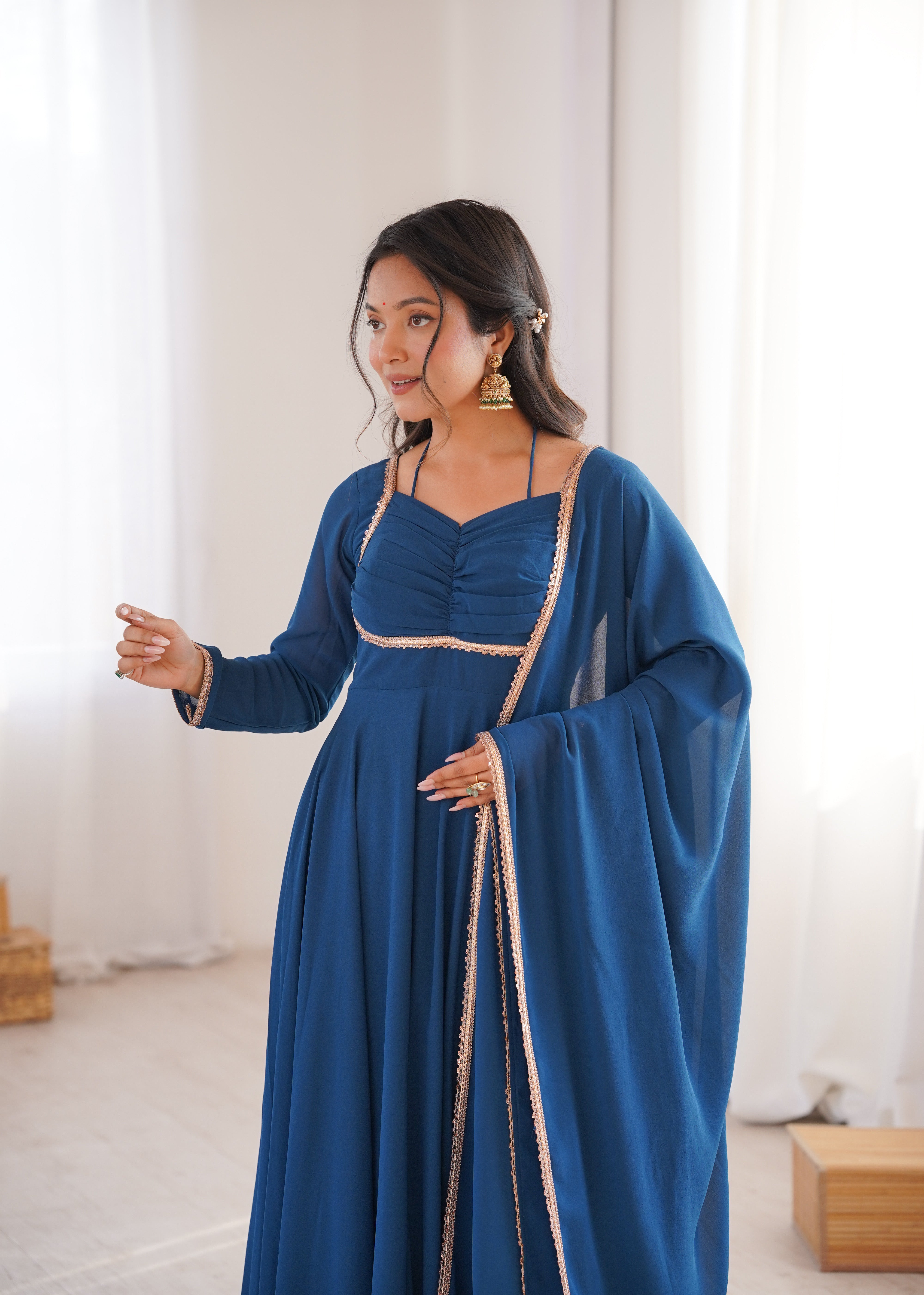 Tea Blue Pure Fox Georgette Anarkali Duppta Full Set Ready To Wear Gown