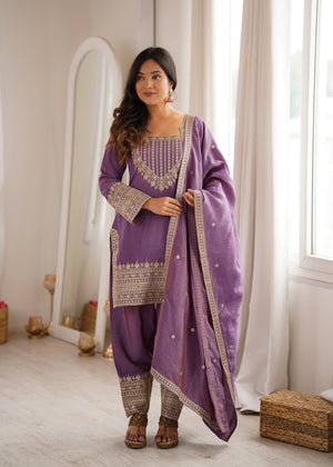 Vichitra silk kurta set onion pink with gold embroidery and butti dupatta