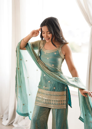 Tissue silk kurti sharara dupatta sleeveless gold embroidery