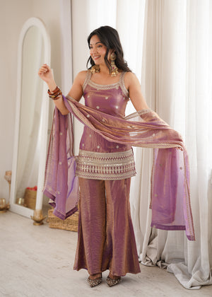 Tissue silk kurti sharara dupatta sleeveless gold embroidery