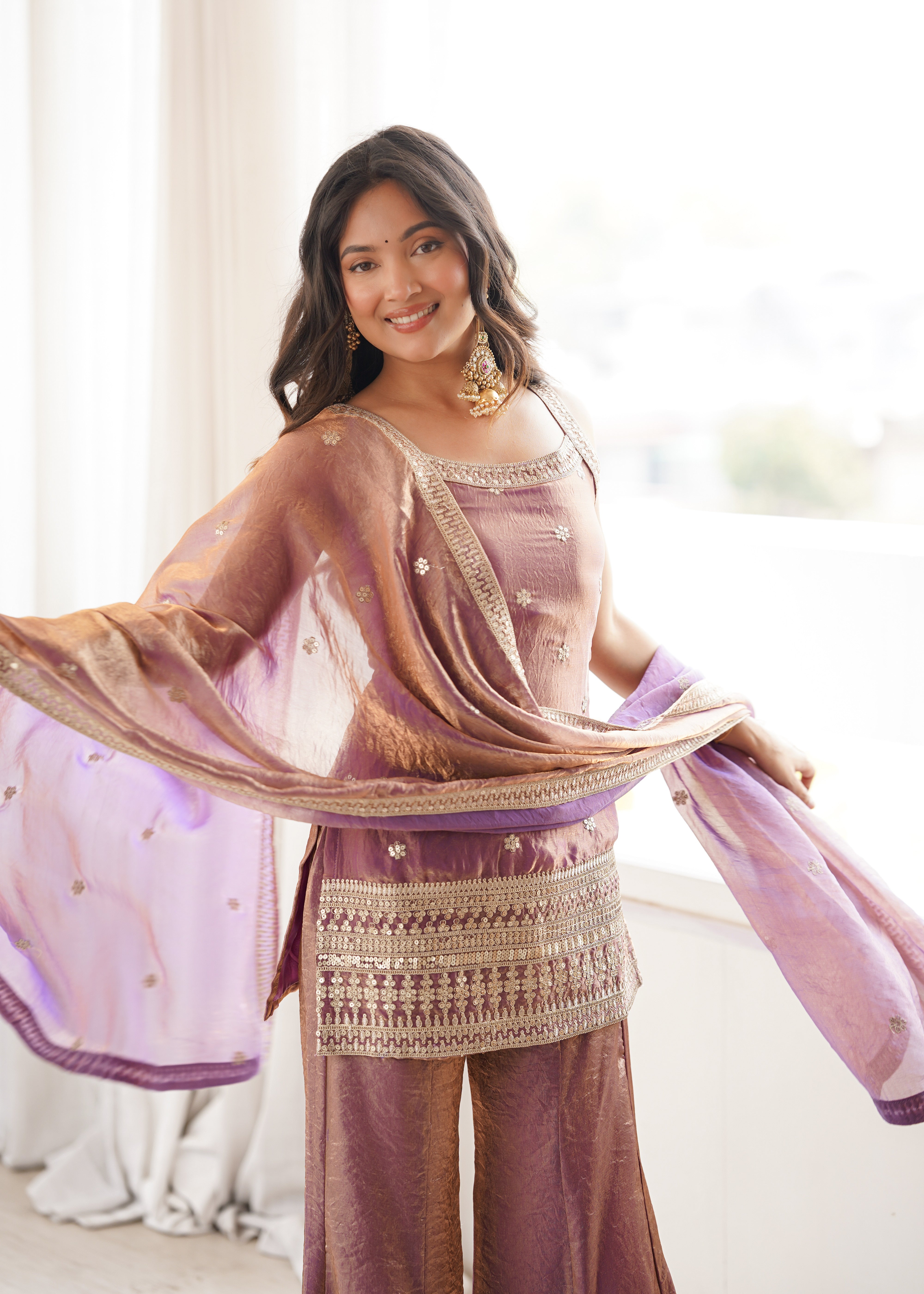 Dusty purple tissue silk kurti with flared sharara pants