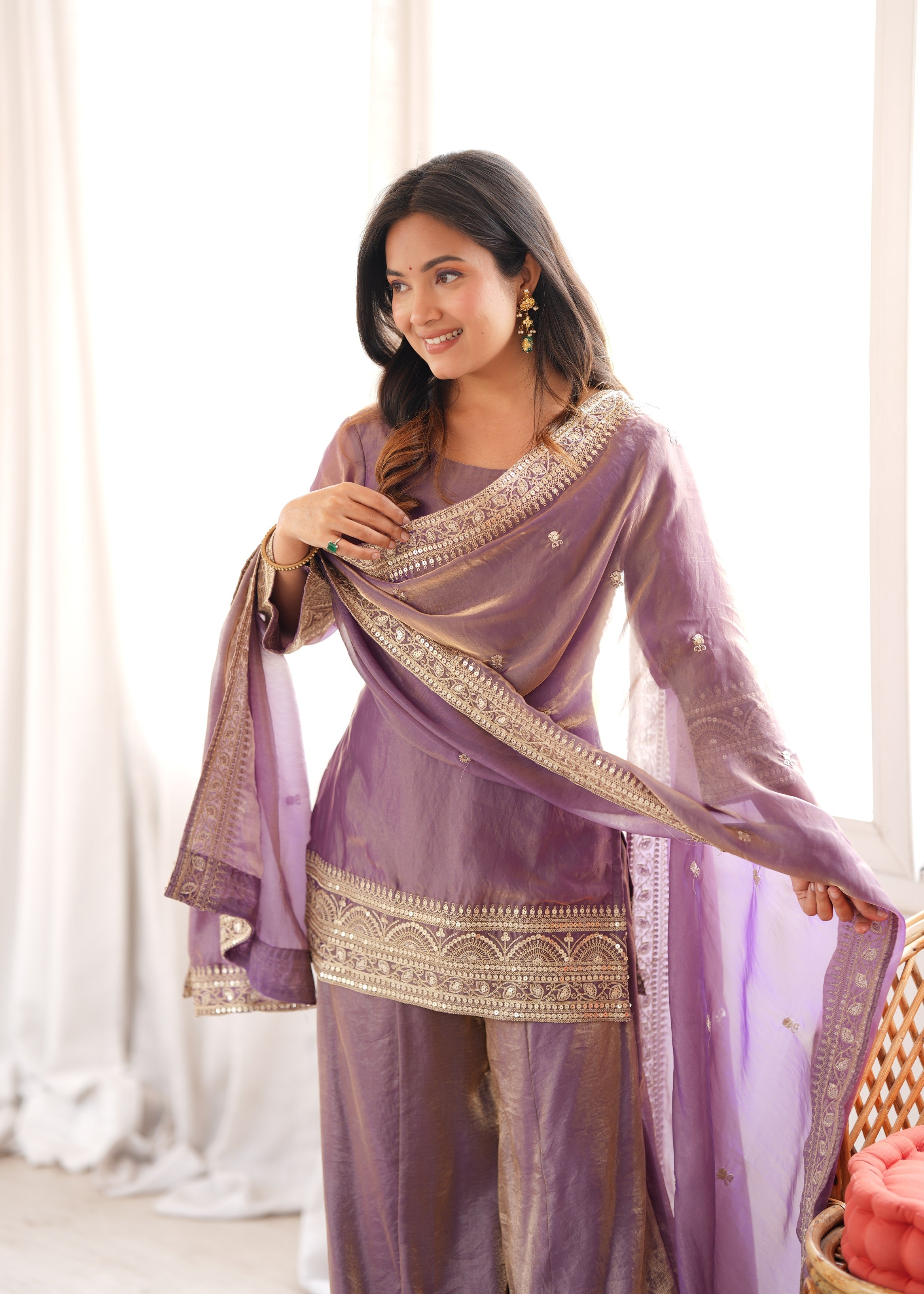Lilac Mauve French Trendy Silk Kurti Sharara Suit Set with Heavy Sequin, Dori & Zari Embroidery Borders, Back Tie-Up Dori & Embroidered Silk Dupatta