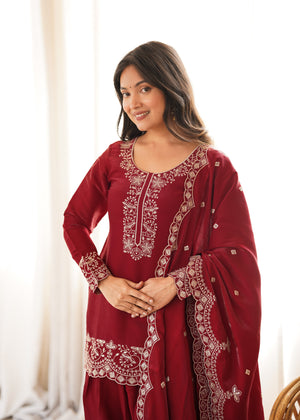 Festive maroon palazzo suit with sequin work for Diwali and Karva Chauth