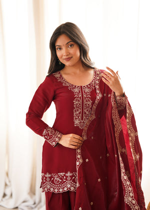 Deep red short kurta with palazzo pants and embroidered dupatta