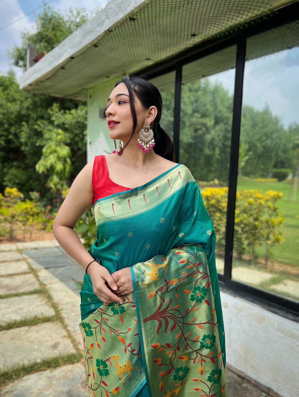 Teal Blue Pure Paithani Silk Saree With Woven Floral Pallu & Zari Border